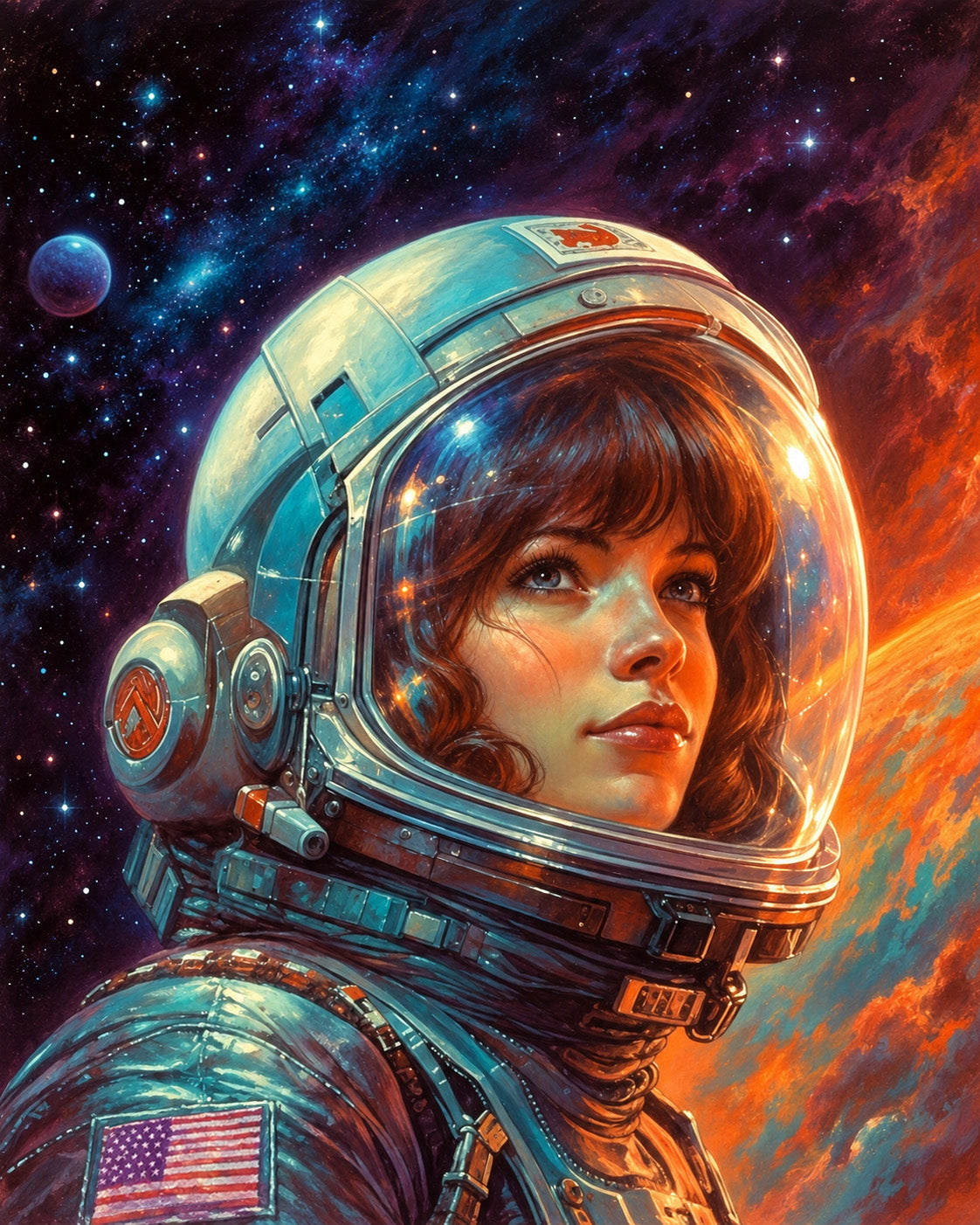 Portrait of a female astronaut in full space suit floating in the cosmos above a fiery orange alien world.