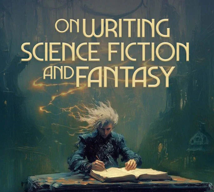 Ethereal figure with flowing hair engrossed in writing within a shadowed, fantastical chamber, surrounded by arcane ambiance