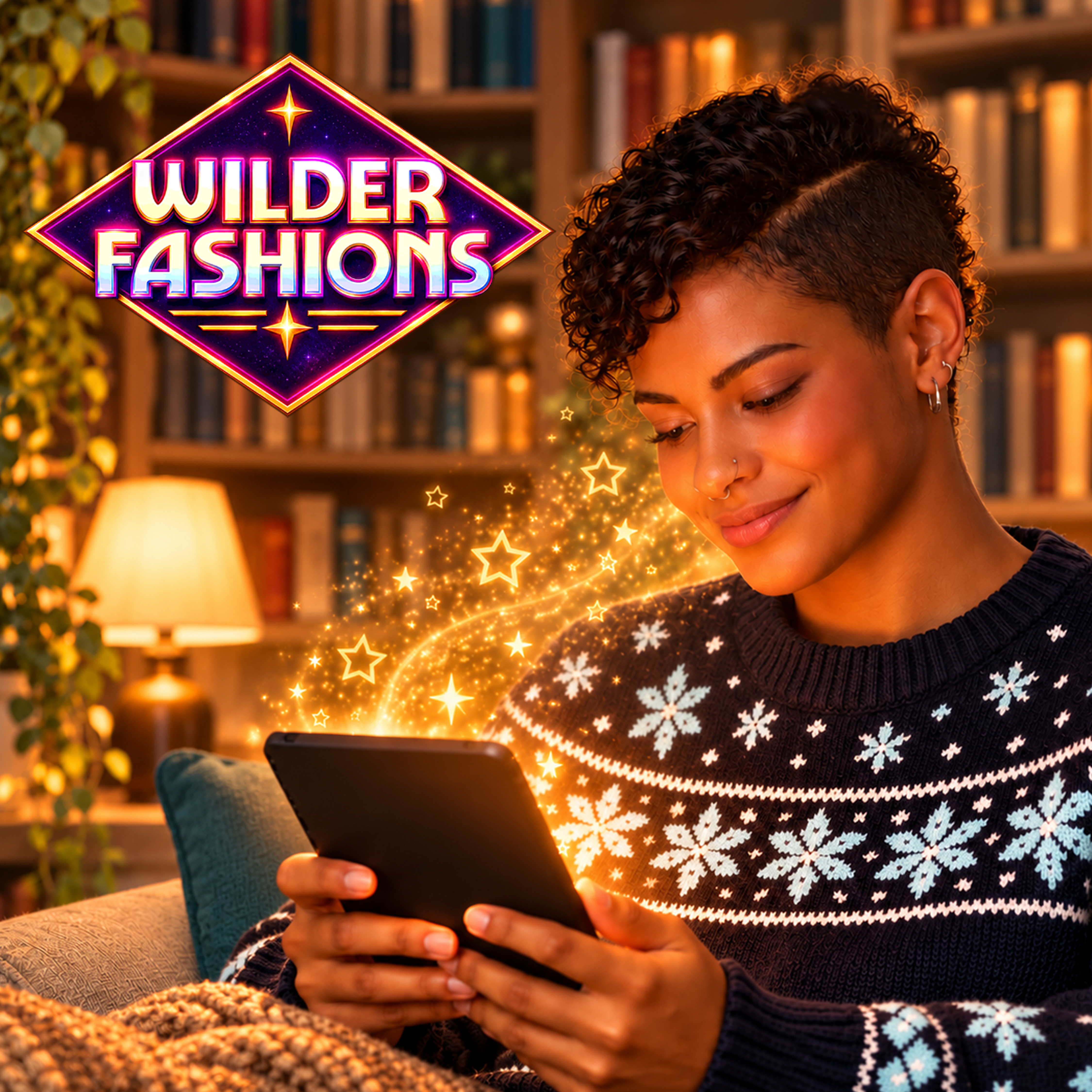 Model in a navy snowflake sweater seated in a cozy, warmly lit library, smiling as they read from a brightly lit e-reader tablet.