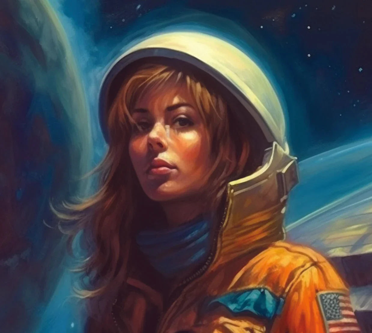 Portrait of a contemplative female astronaut in a luminous helmet and orange suit, Earth and stars in cosmic backdrop
