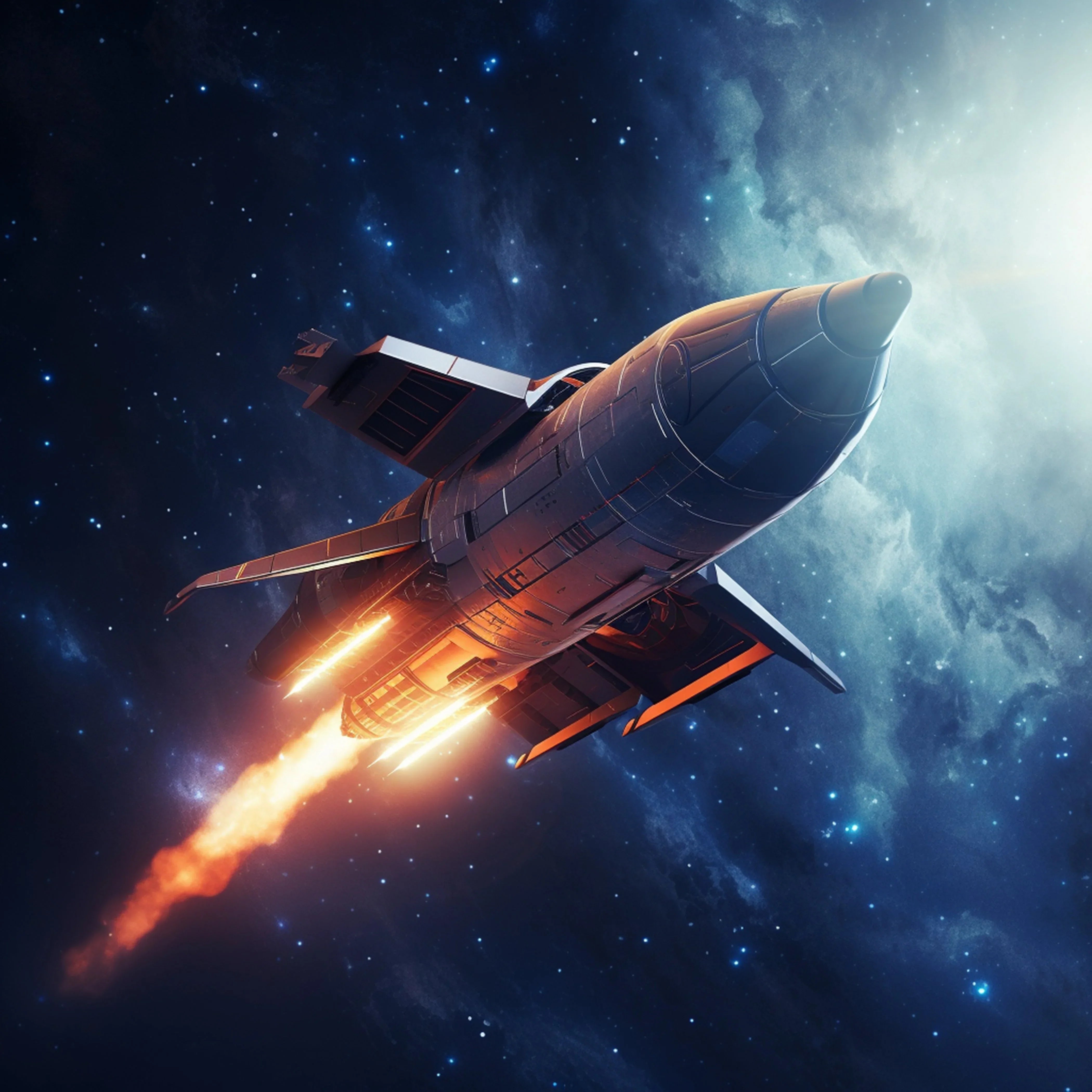 A chrome rocket blasting off into deep space, streaking fire through the stars.