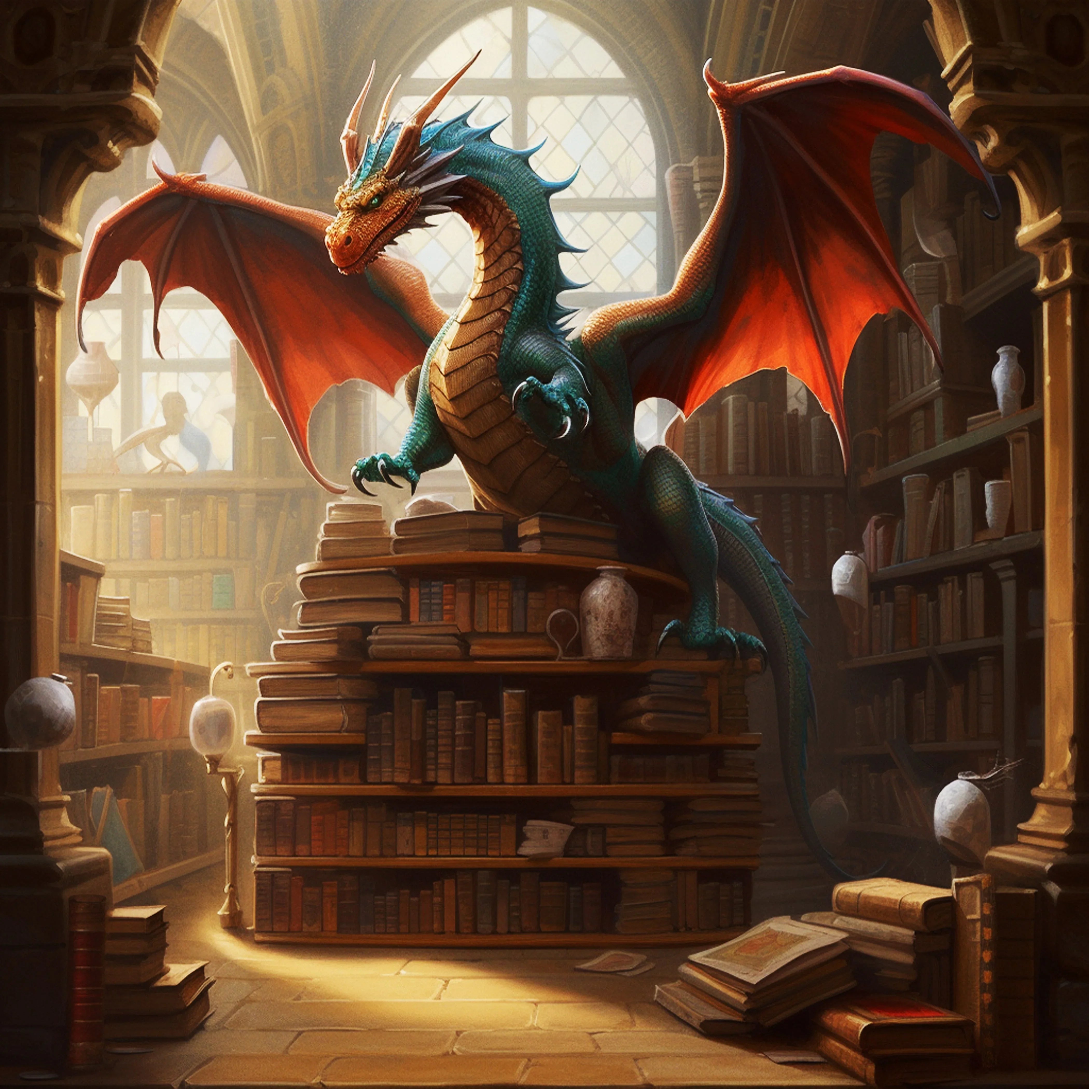 Dragon spreading its wings wide over shelves of books in an empty library.