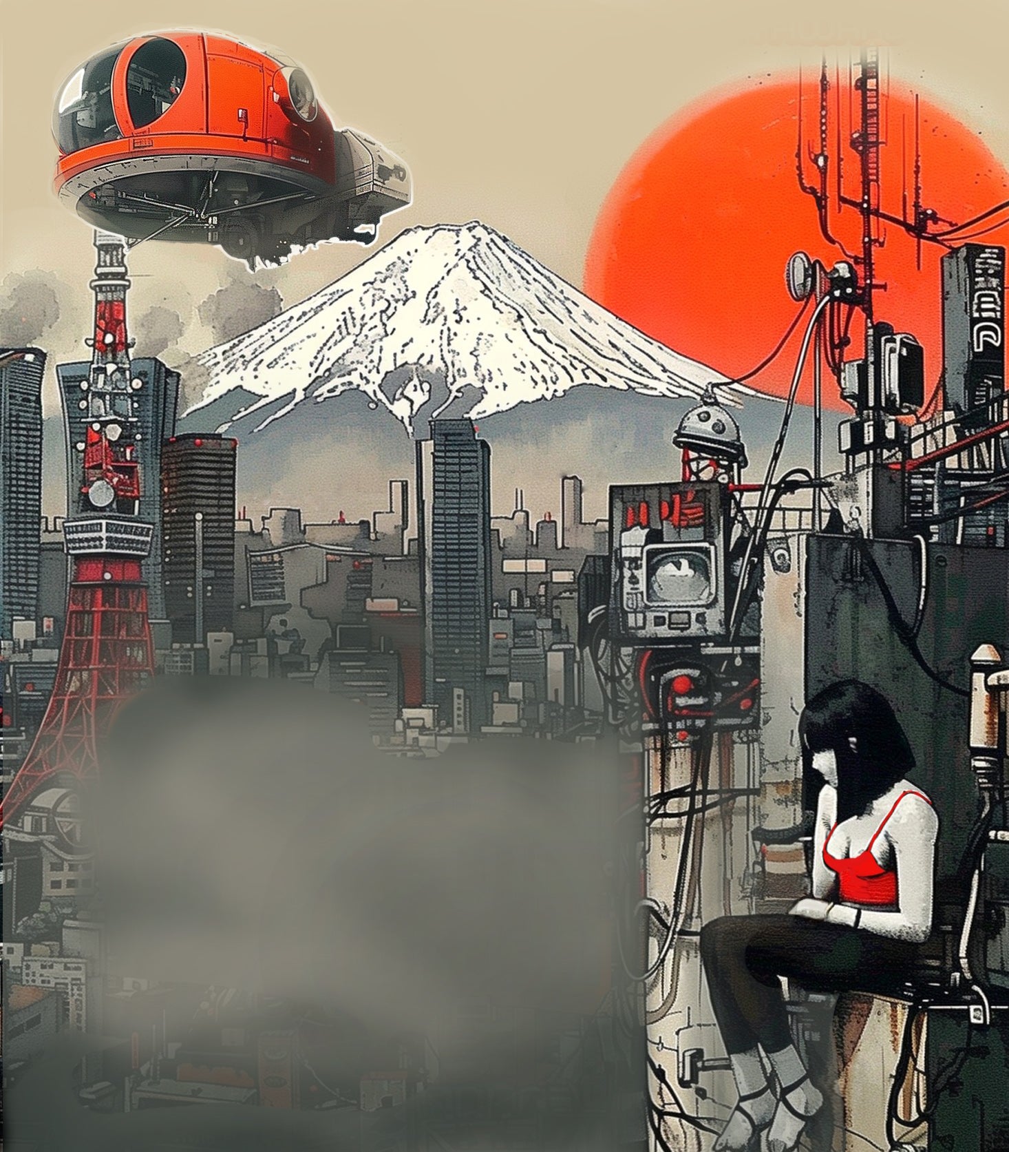 Mt. Fuji overlooking a futuristic city with an orange sun rising.