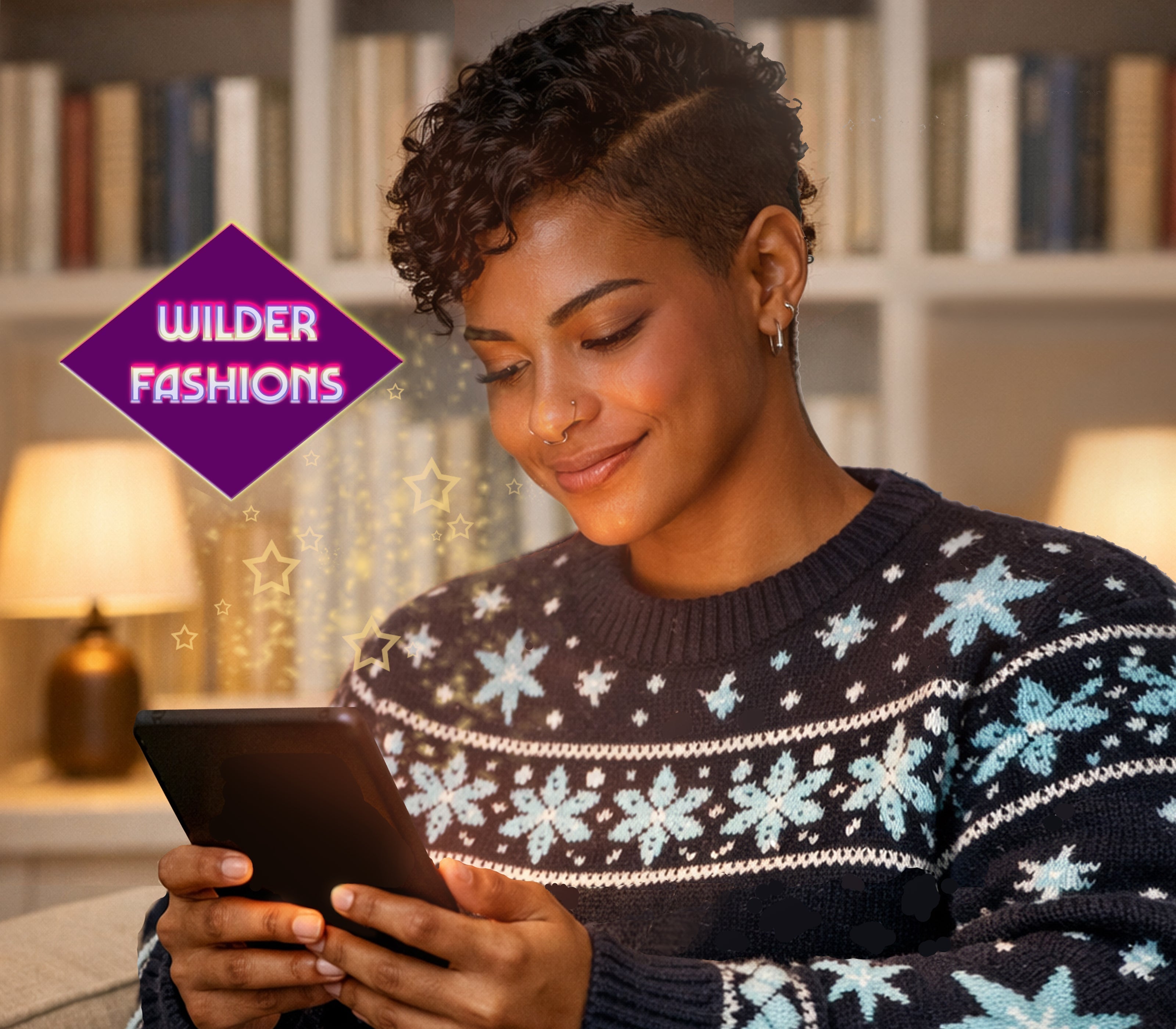 A person with short, curly hair and adorned in a cozy sweater smiles while engaging with their e-reader, the screen glowing invitingly like a Christmas tree or Hanukkah candles.