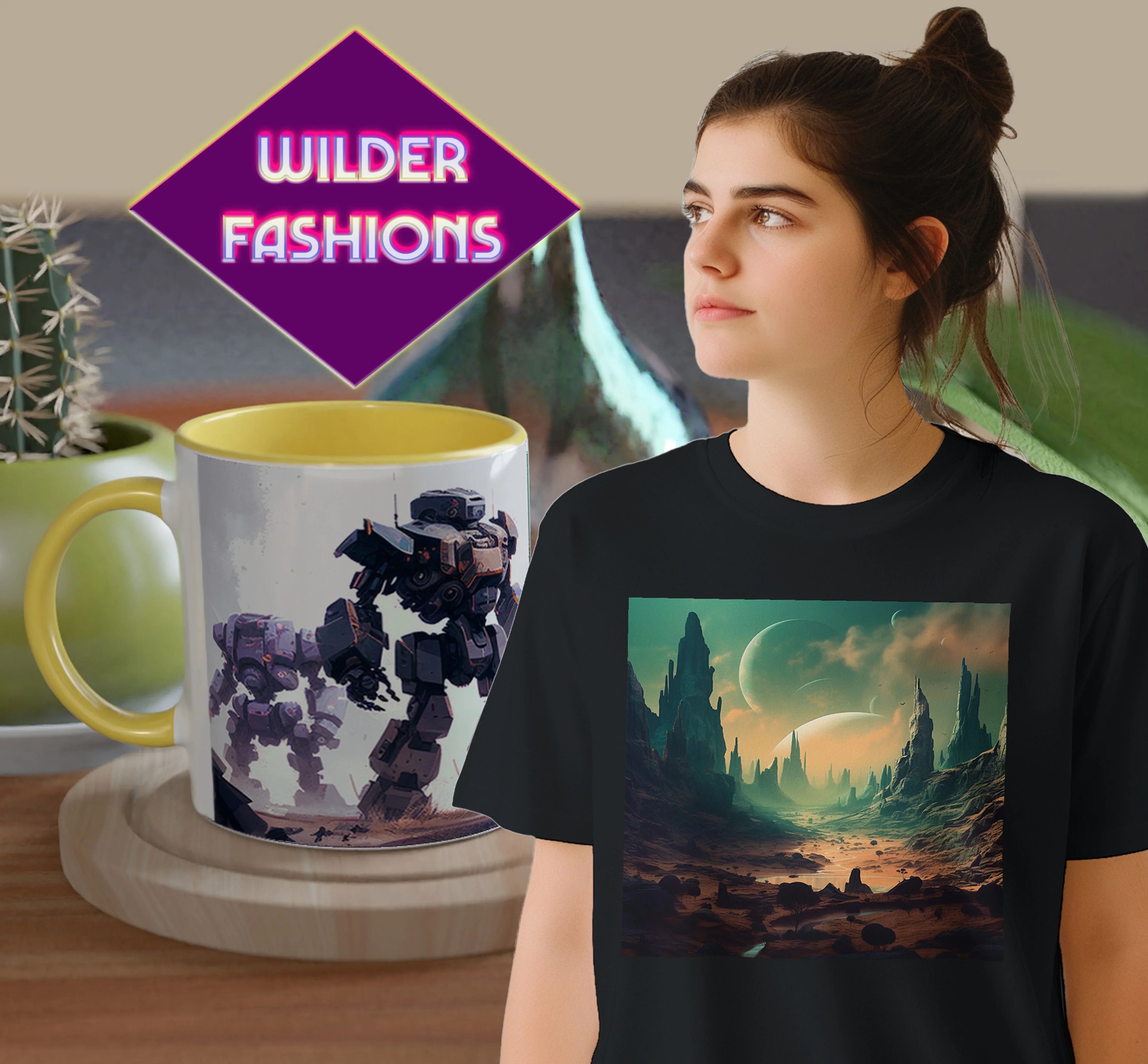 Contemplative woman in black tee with surreal alien landscape print, foreground ceramic mug depicting colossal futuristic robots, set against minimalist interior