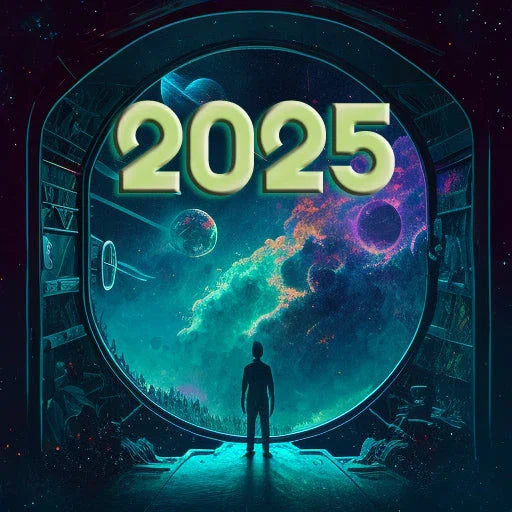 View of space galaxy overlayed with 2025 in massive gold text.
