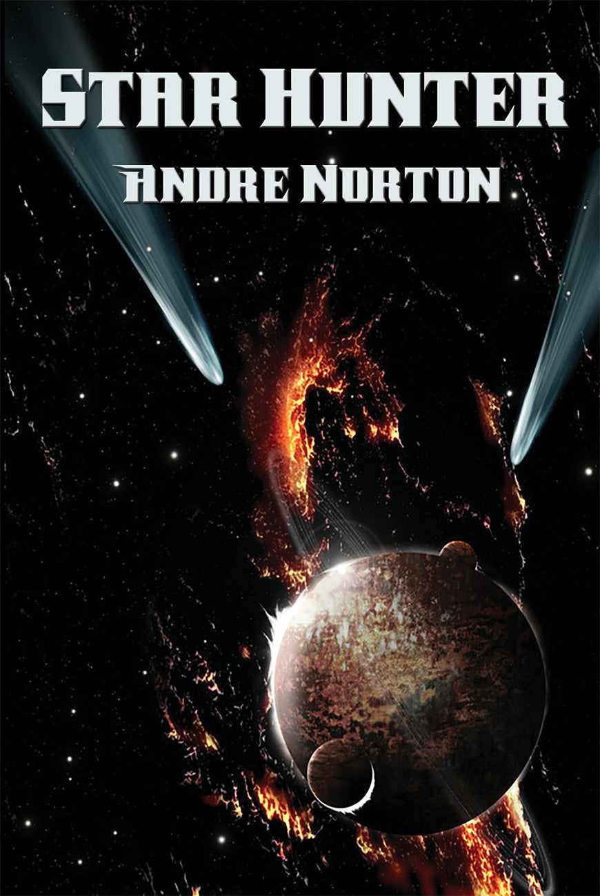 Celestial tableau featuring fiery asteroid, two orbiting planets, and cometary streaks beneath bold Star Hunter title