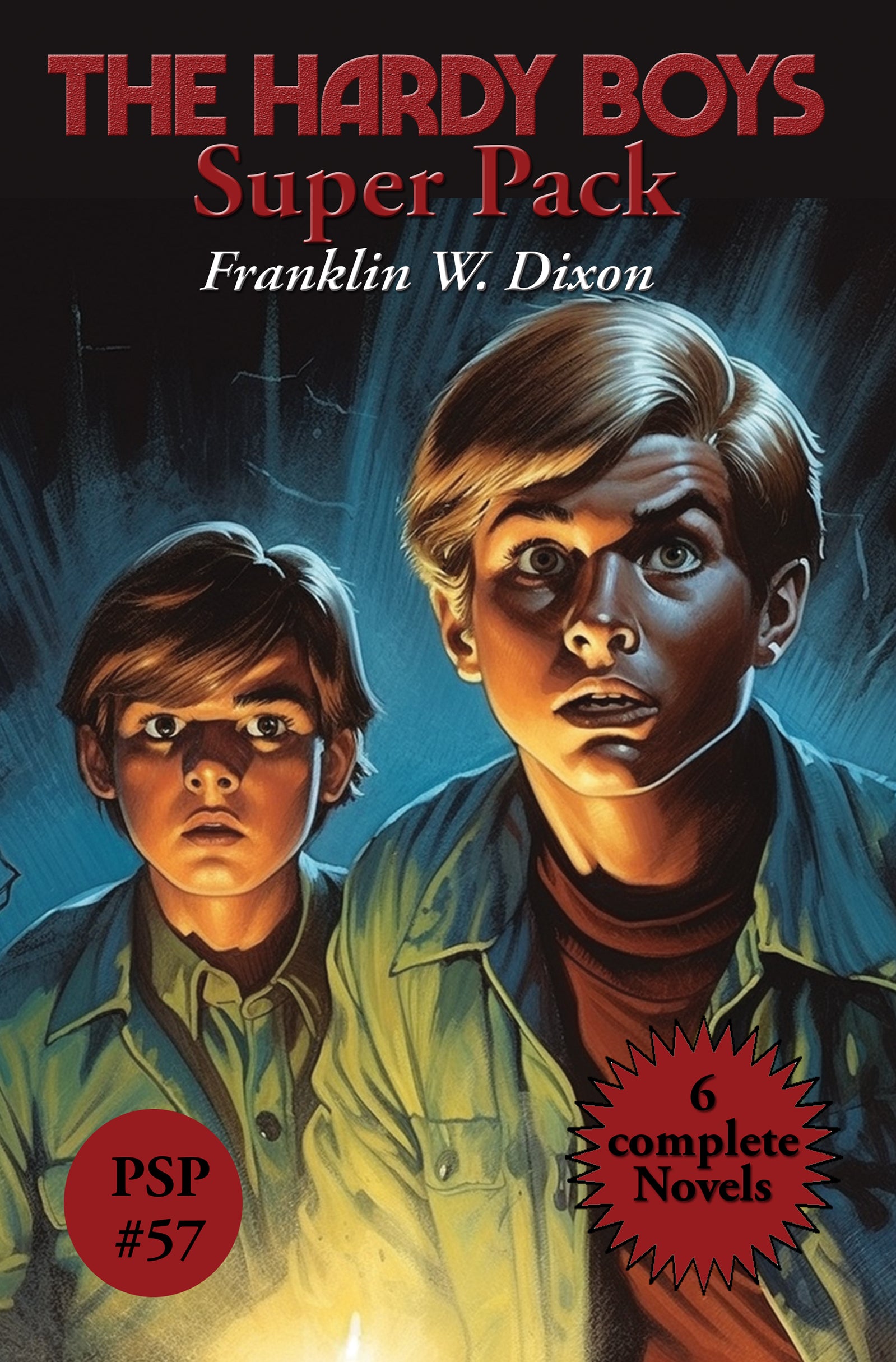 Illustration of two startled young men illuminated by a bluish light, book cover of The Hardy Boys Super Pack by Franklin W. Dixon