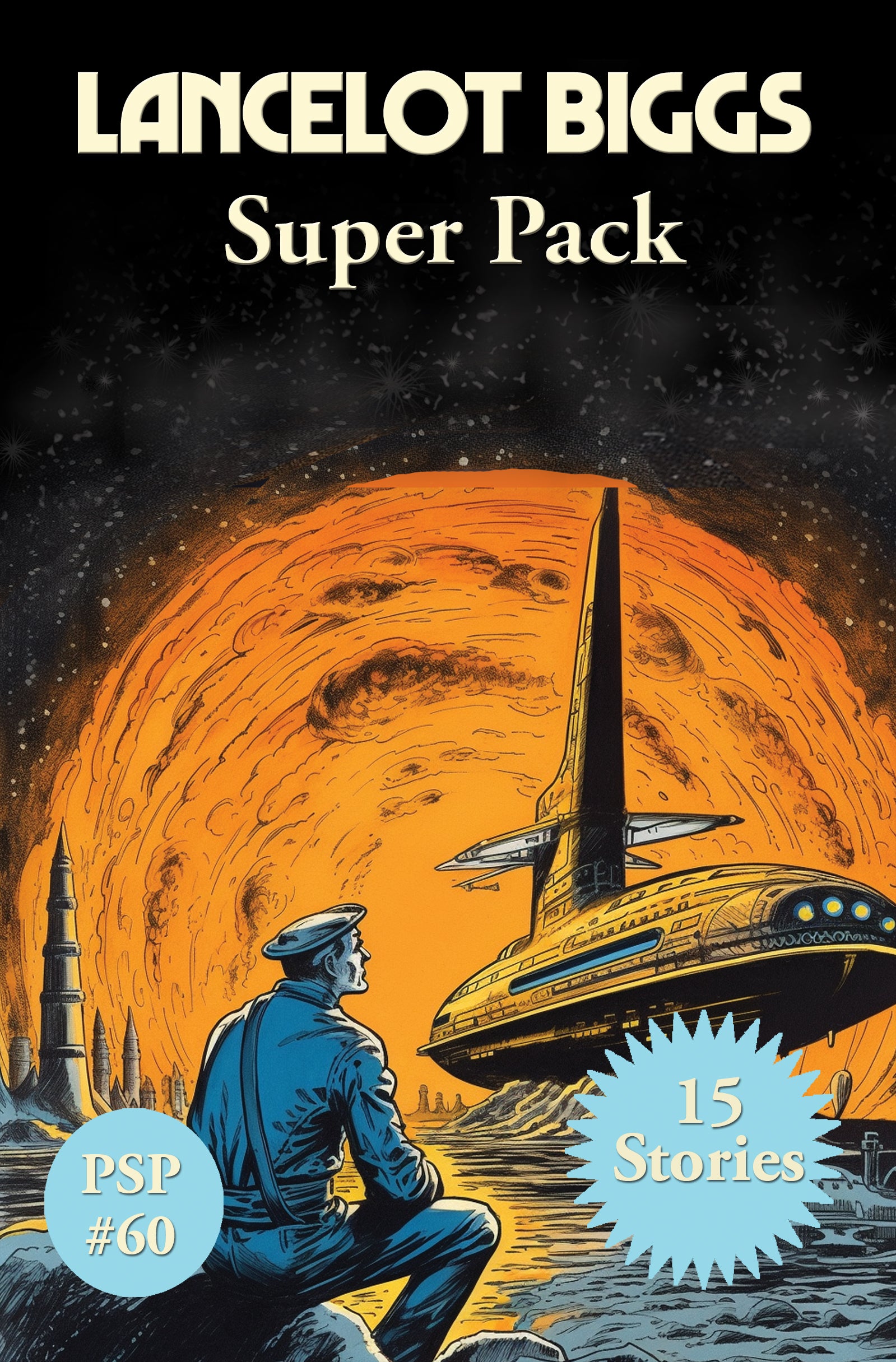 Illustration of a man in vintage attire gazing at a futuristic spaceship with a colossal fiery sun in the cosmic backdrop