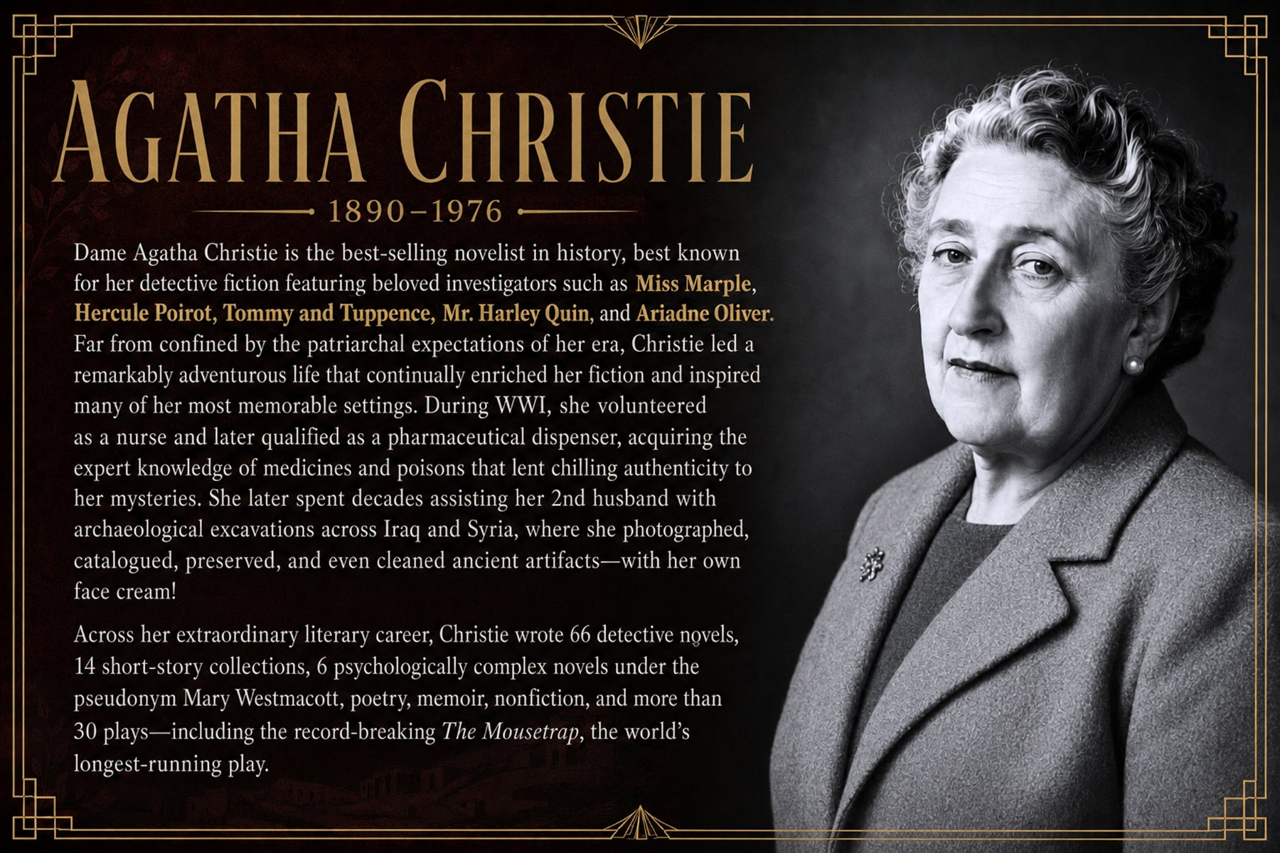 An informational graphic with a black-and-white portrait of Agatha Christie on the right with biographical information on the left, within a vintage decorative border.