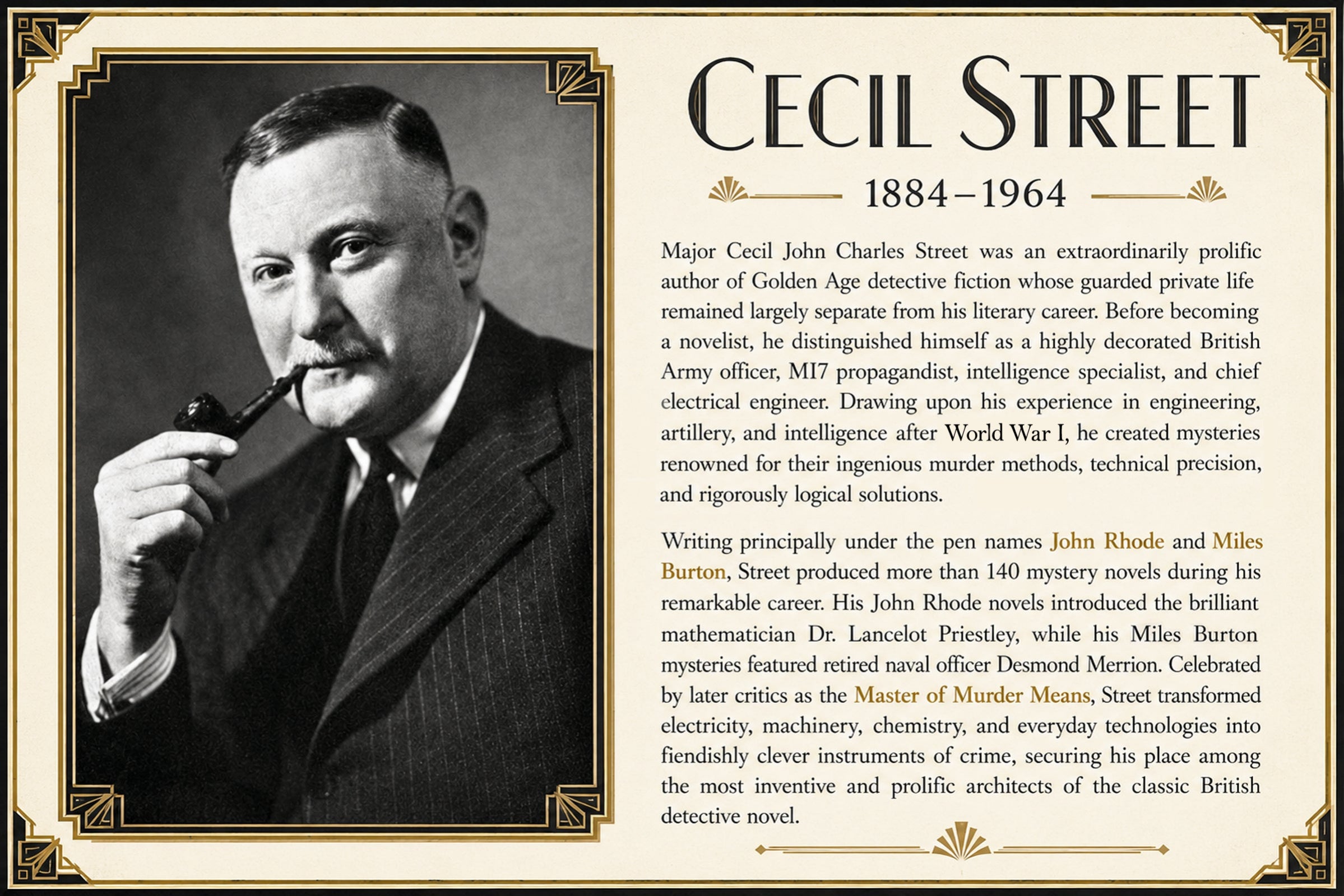 An informational graphic featuring a black-and-white photograph of Major Cecil Street on the left and biographical text on the right, with an ornate gold border.