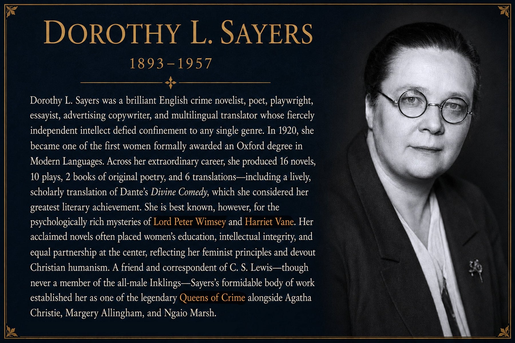 An informational graphic featuring a black-and-white portrait of Dorothy L. Sayers on the right and biographical text in gold on the left, on a dark background.