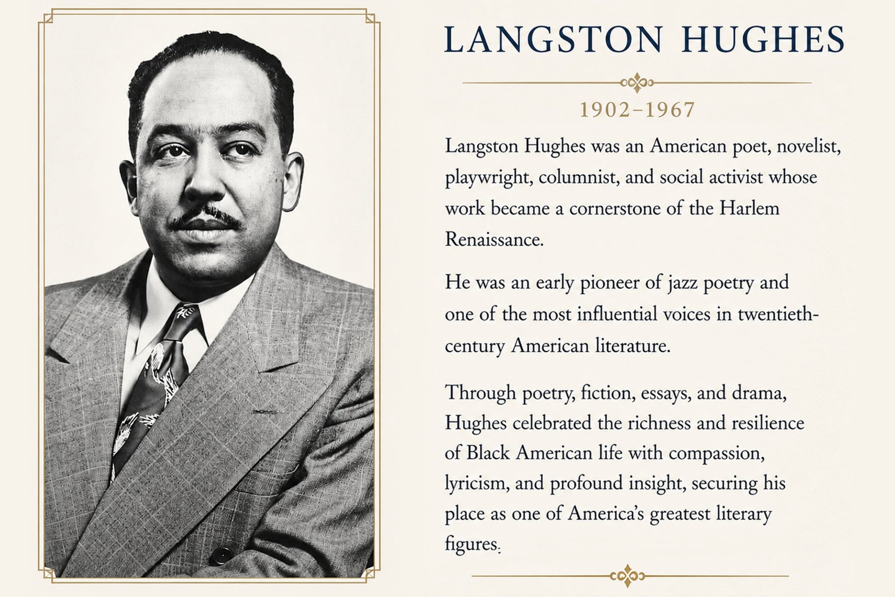 An educational print featuring a black-and-white portrait of Langston Hughes on the left and biographical text on the right.