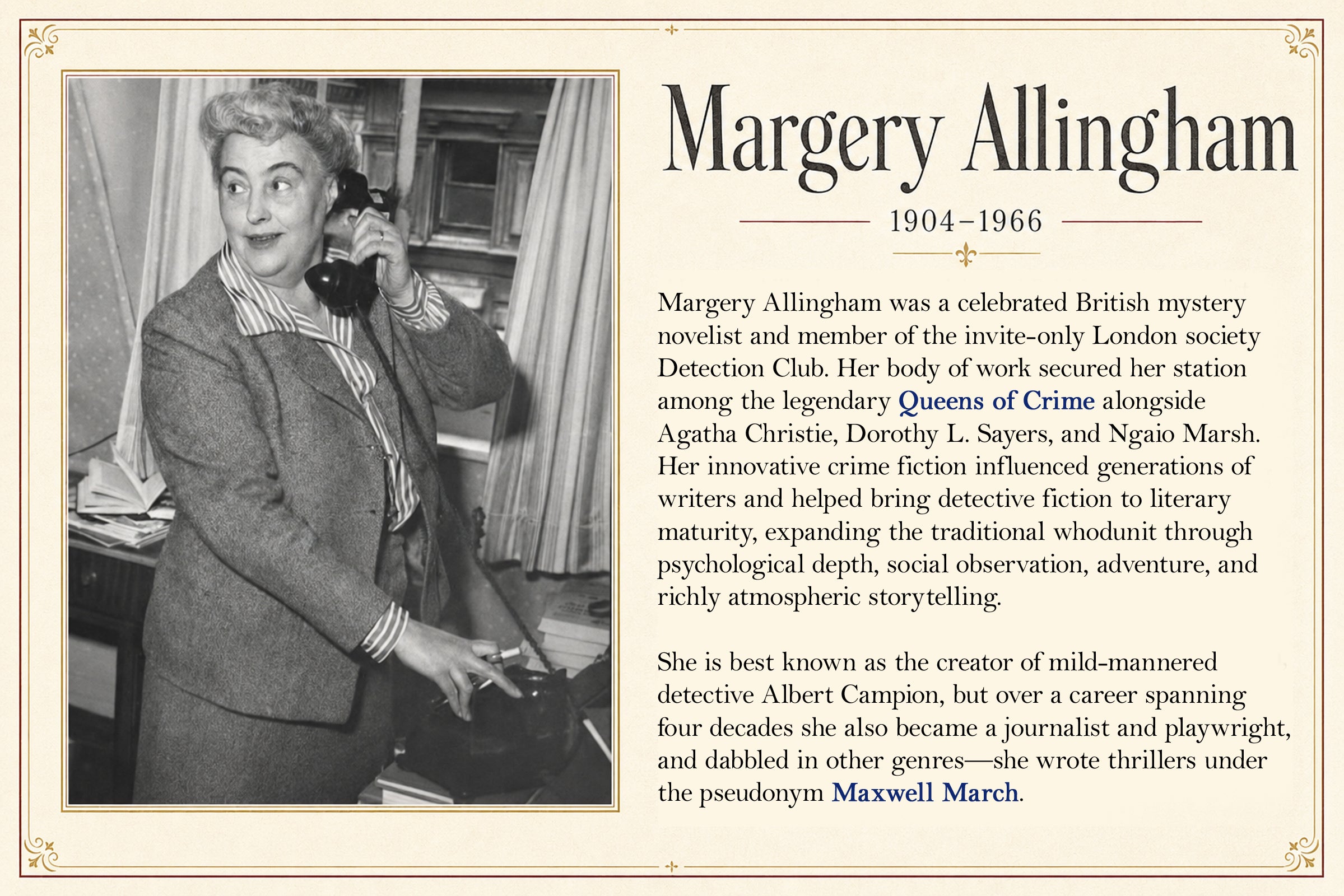 An informational print featuring a vintage portrait of Margery Allingham on the left and biographical text on the right, with decorative corner flourishes.