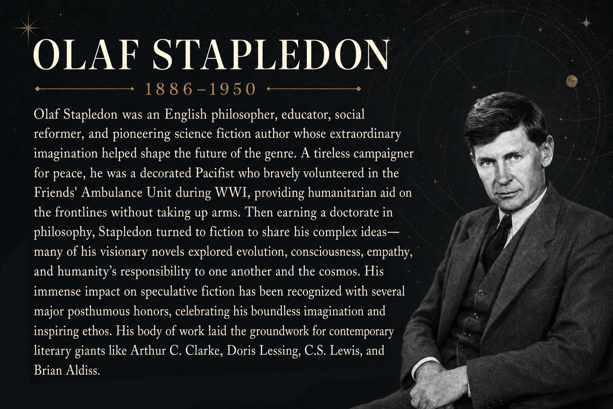 An informational graphic featuring a portrait of Olaf Stapledon on the right and a large block of biographical text on the left, against a starry black background.