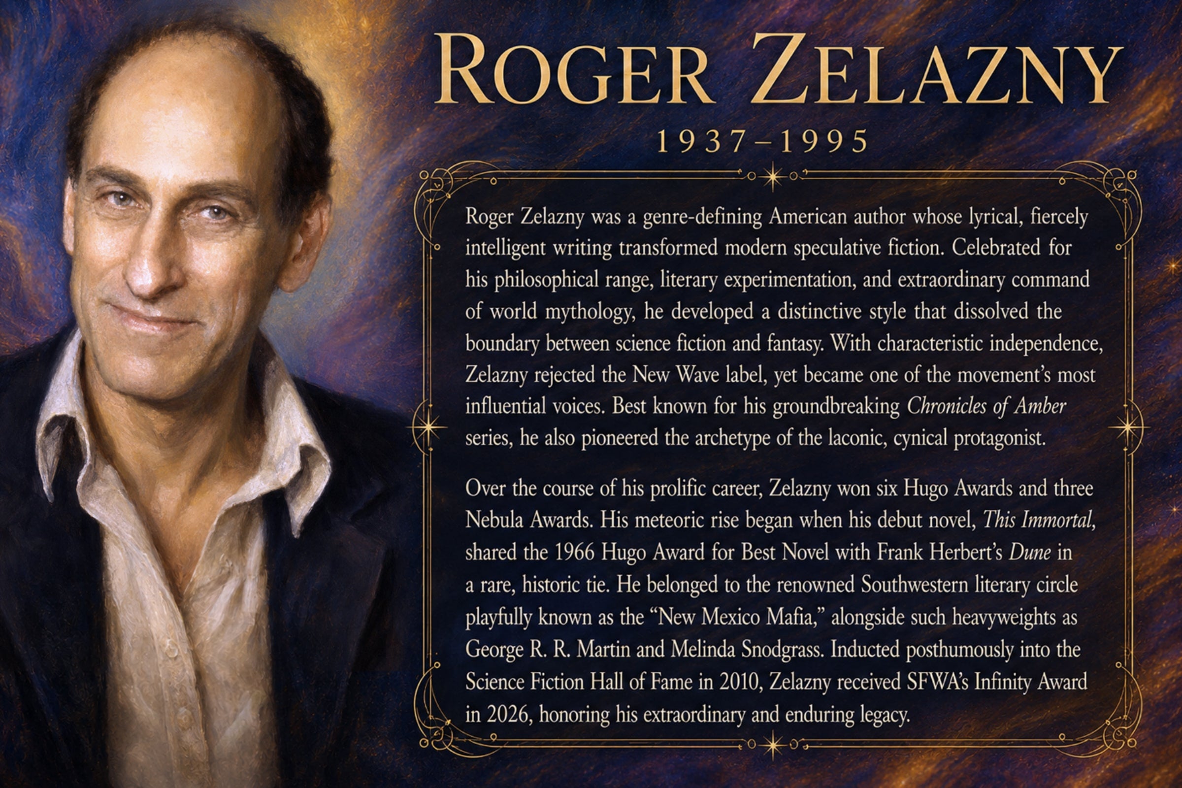 A colorful informational graphic featuring a colorful portrait of Roger Zelazny on the left, while the right side contains a decorative golden text box with biographical information about the author.