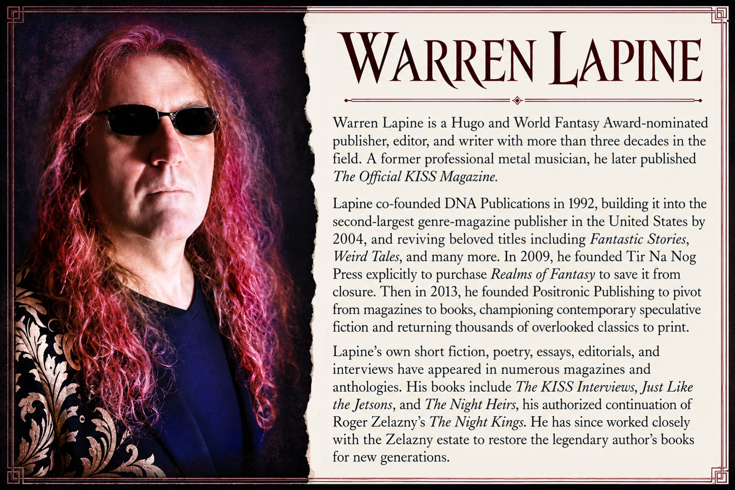 An informational graphic featuring a portrait of author Warren Lapine on the left and a large biographical text block on the right.