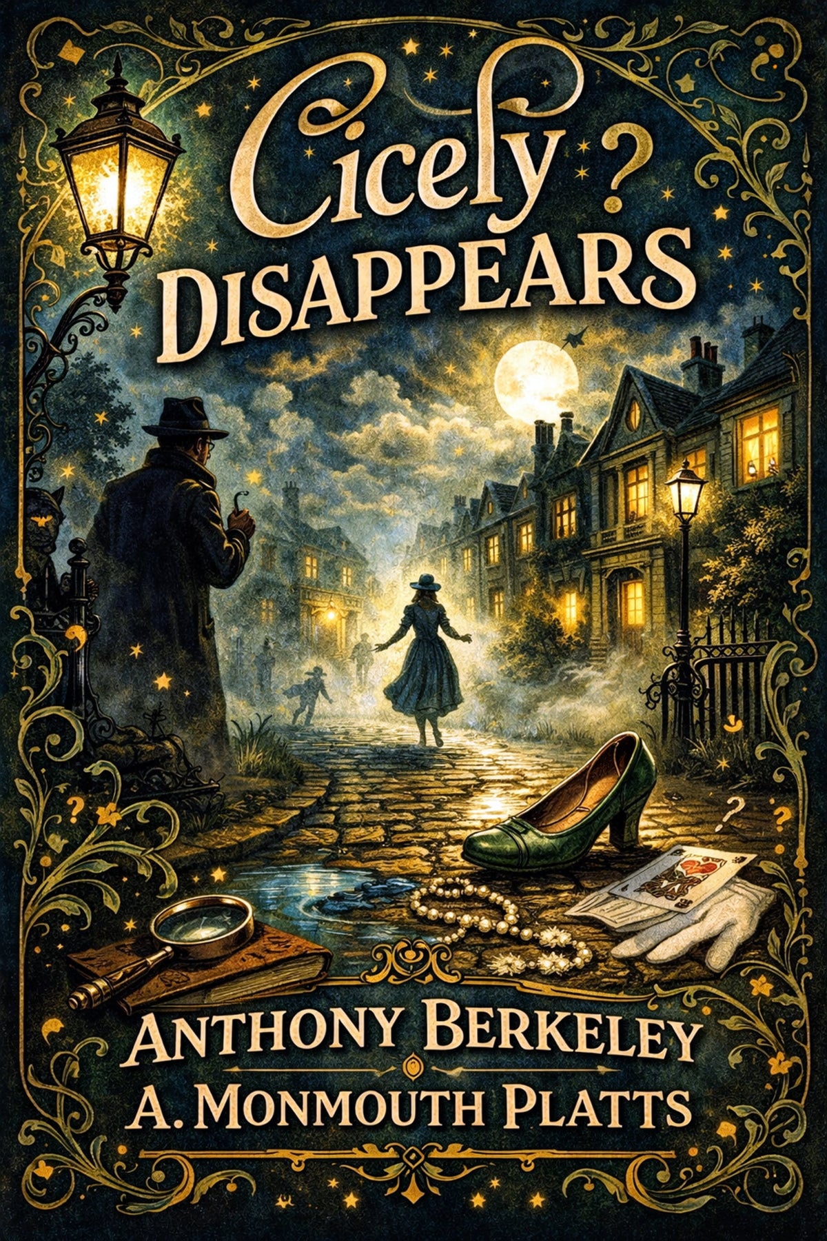 Book cover featuring a Victorian-era illustration of a moonlit manor with a woman walking down the foggy path, a shadowy man following behind her, and clues in the foreground: a green high heel, a string of pearls, and an Ace playing card.