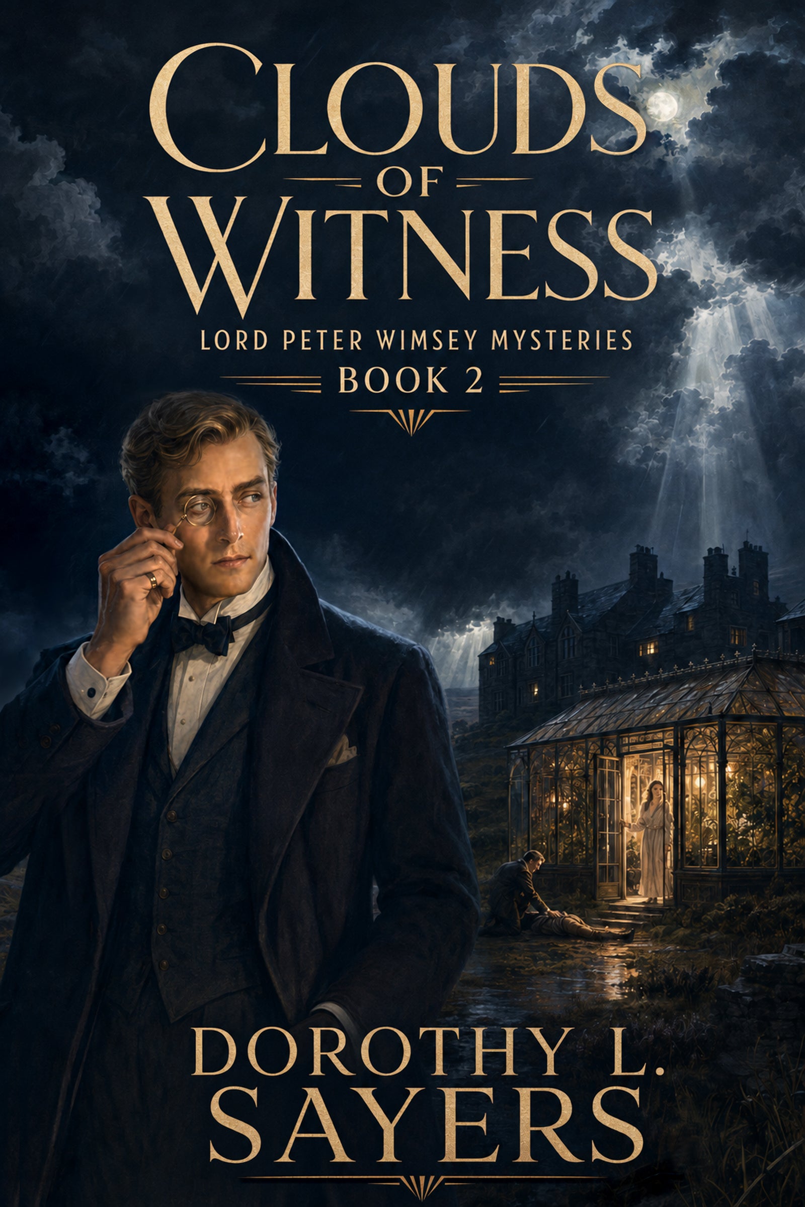 Book cover featuring a Victorian-era gentleman detective in a dark suit standing under a full moon in a stormy night sky, against a background of a brightly lit greenhouse with two figures standing over a third, lying dead at the foot of the entrance.