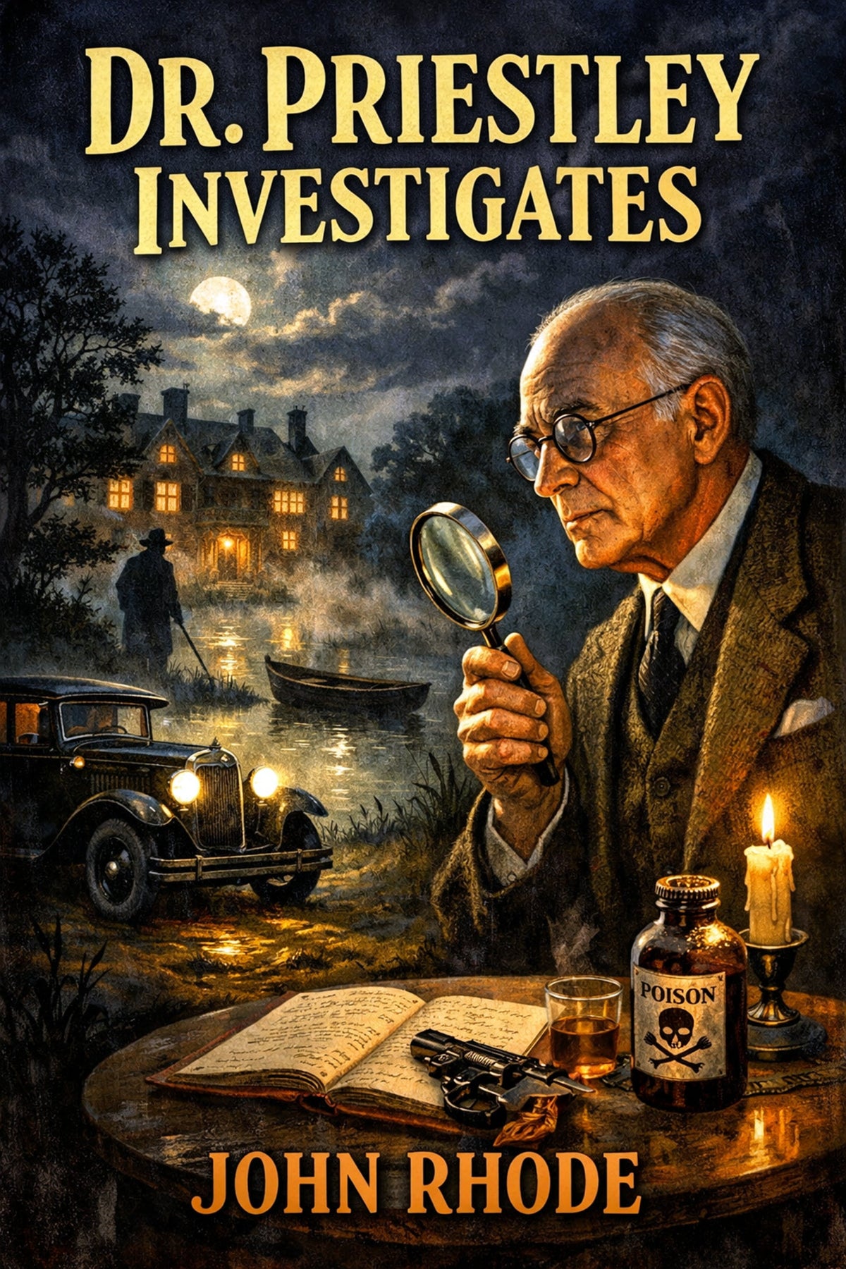 Book cover featuring a vintage illustration of a nighttime scene, with an elderly detective holding a magnifying glass, with a mysterious figure looming in the moonlit background, midway between a parked car and a beached boat.