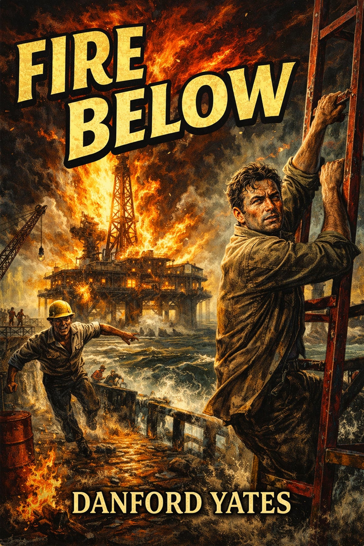 Book cover depicting a dramatic industrial scene, featuring a rugged man courageously leading frighten workers fleeing from an oil rig on fire.