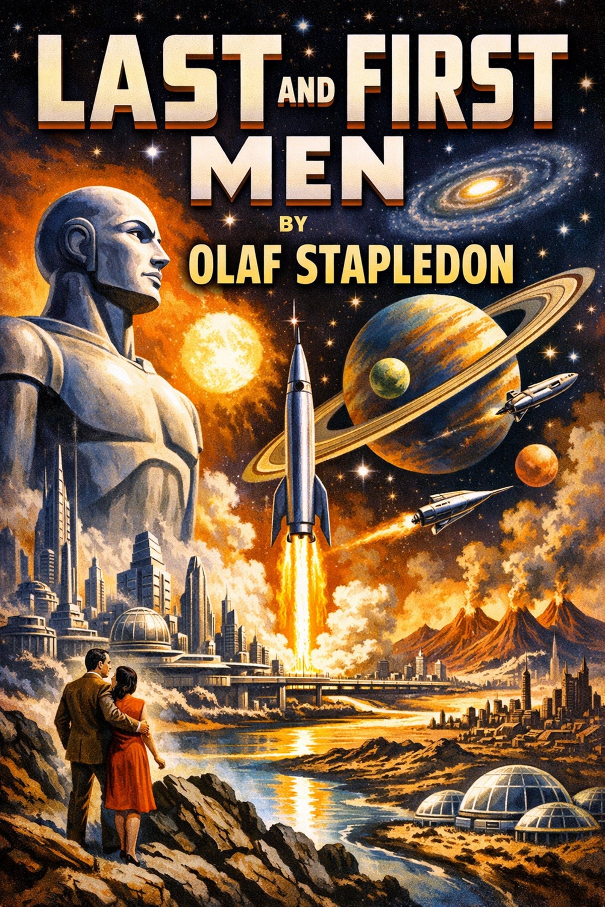 Book cover featuring a huge humanoid robot gazing out over a rocky, futuristic landscape, overseeing a rocket launching into a sky full of ringed planets and twinkling constellations, making space feel close.