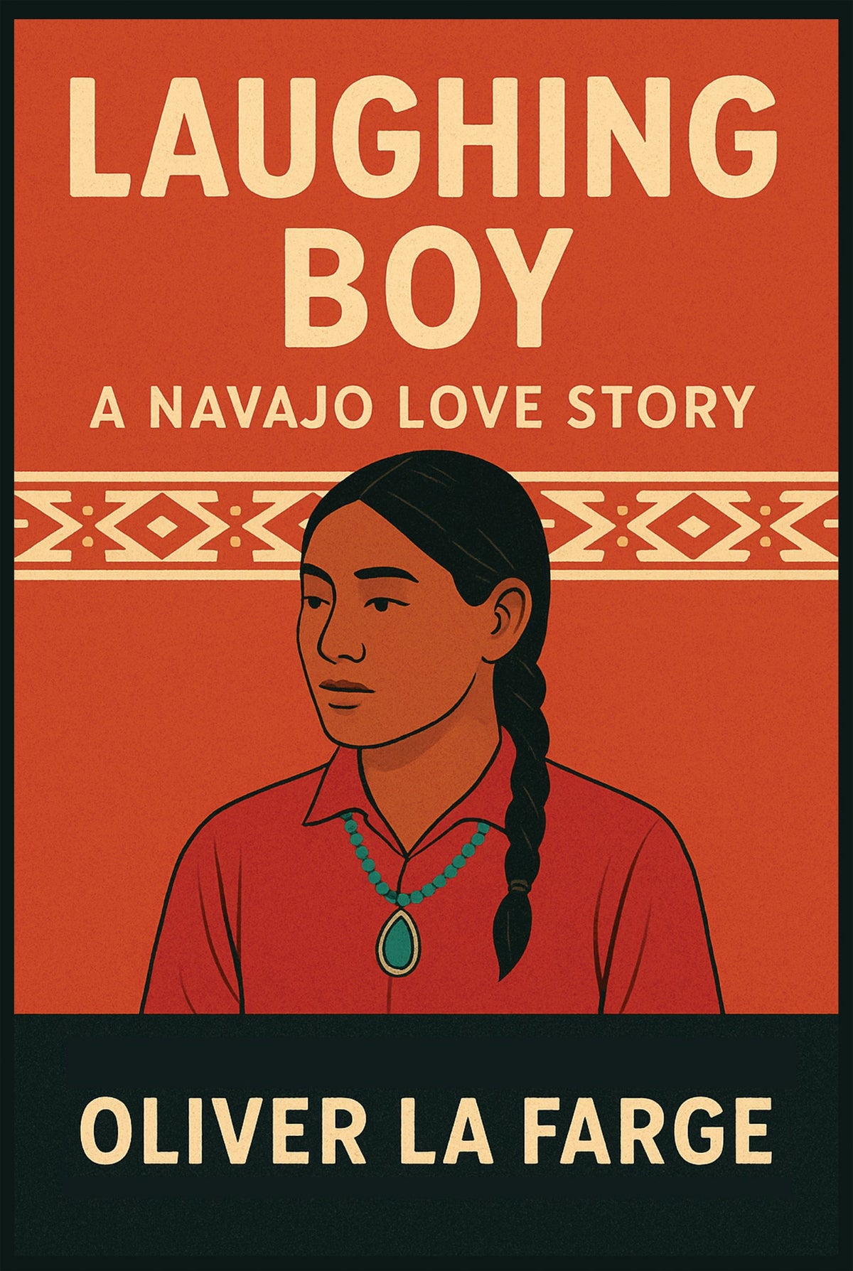 A stylized book cover featuring a Native American man with a braided ponytail standing before a terracotta background with geometric Navajo patterns.