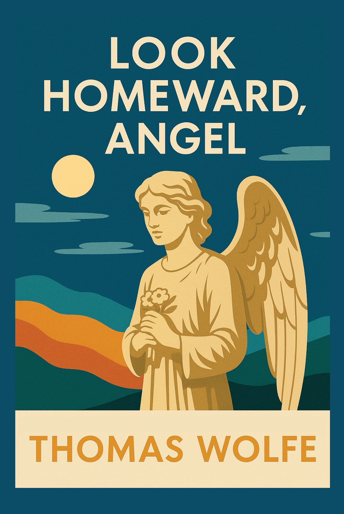 An angelic figure, garbed in all white and with head bowed, clasps two white daisies.