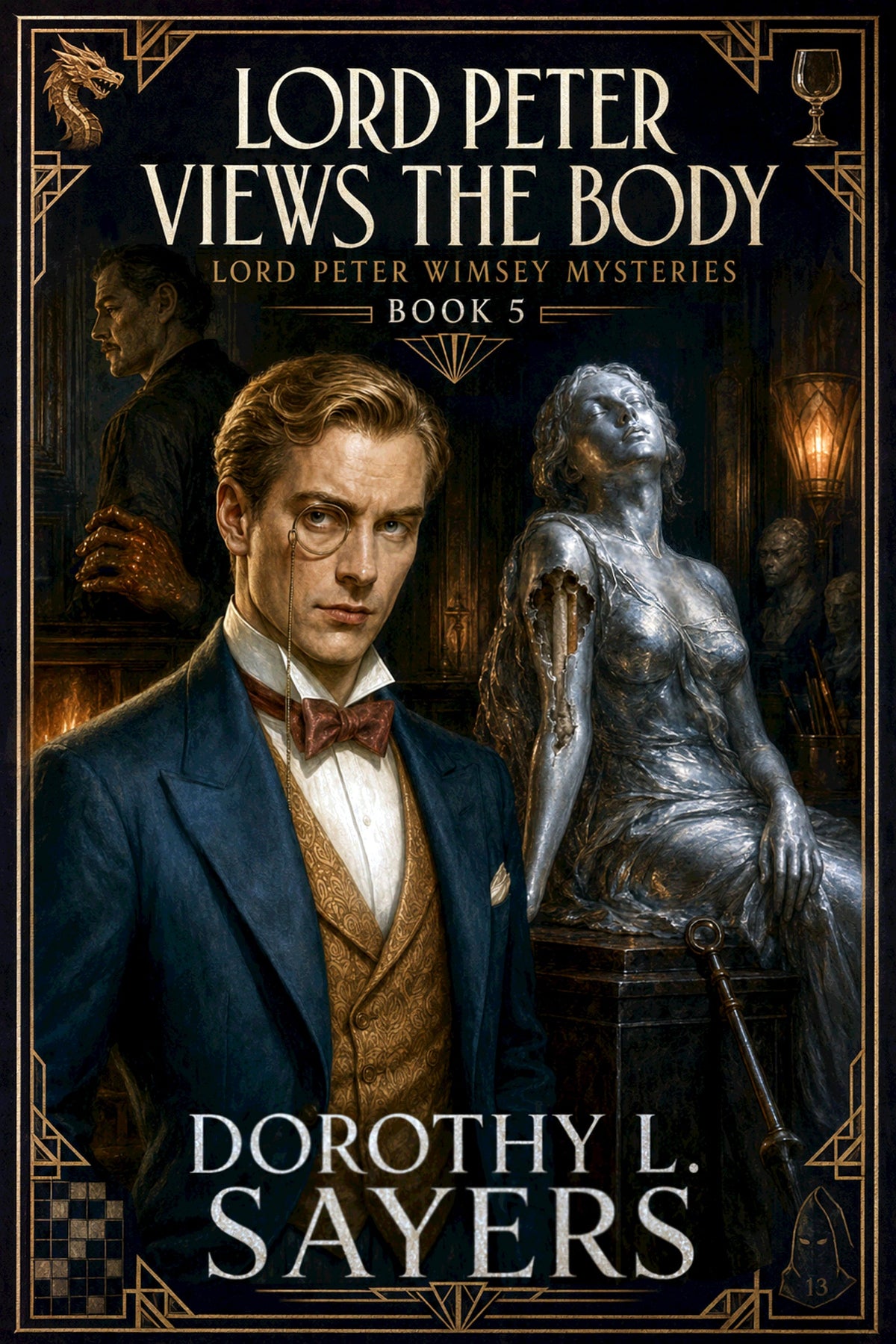 Book cover featuring a gentleman detective in a monocle inspecting a silver statue of a woman that is more than it appears, as the artist who created the sculpture lurks in the shadowy background.