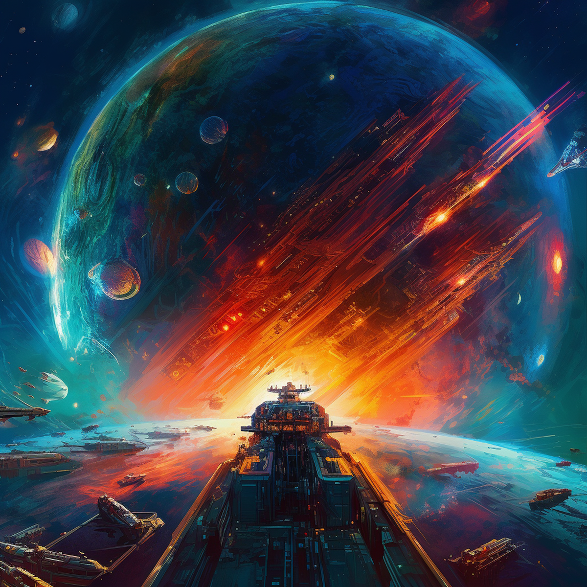 Flashes of orange splitting the cold blue of a huge moon, looming over the horizon of planet, viewed first-person from inside a spaceship.