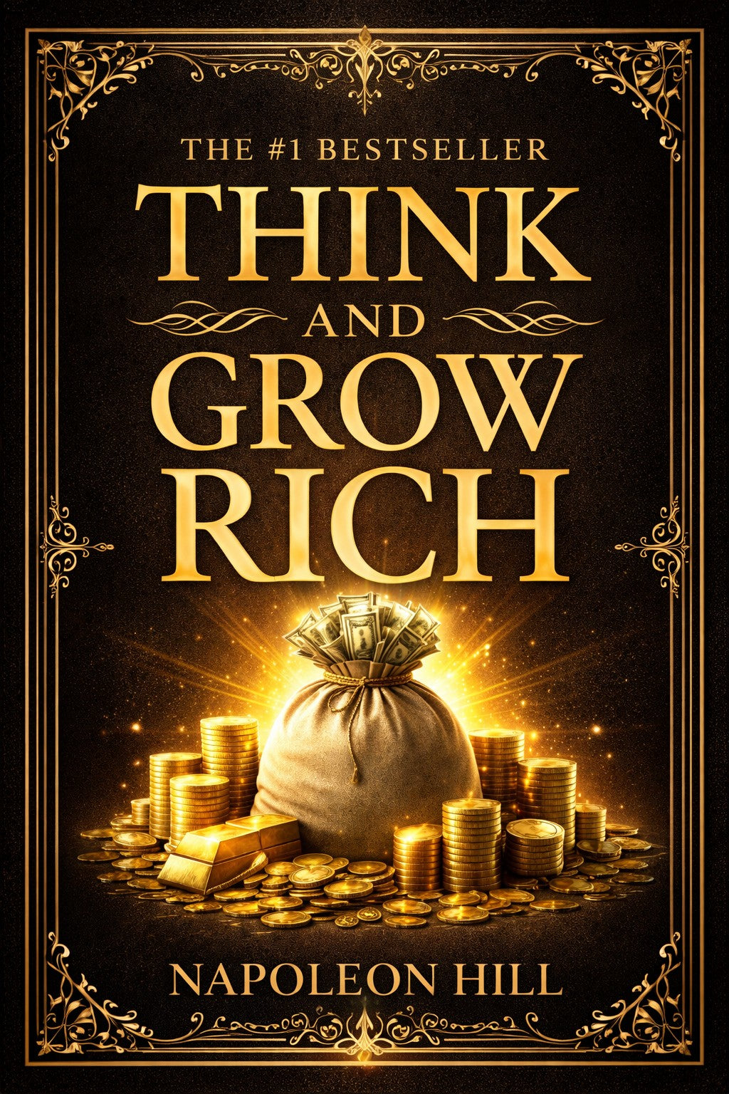 Secure the bag: full-to-bursting with money, a bag of abundant riches sits within an opulent, filigreed gold frame.