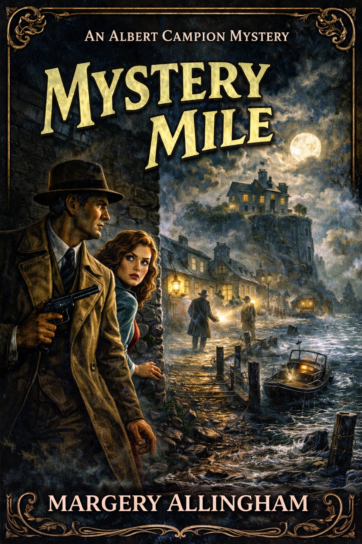 Book cover featuring a dark coastal scene with a detective in a trench coat holding a pistol, keeping hidden from dock workers suspiciously loading boats at night under a full moon.