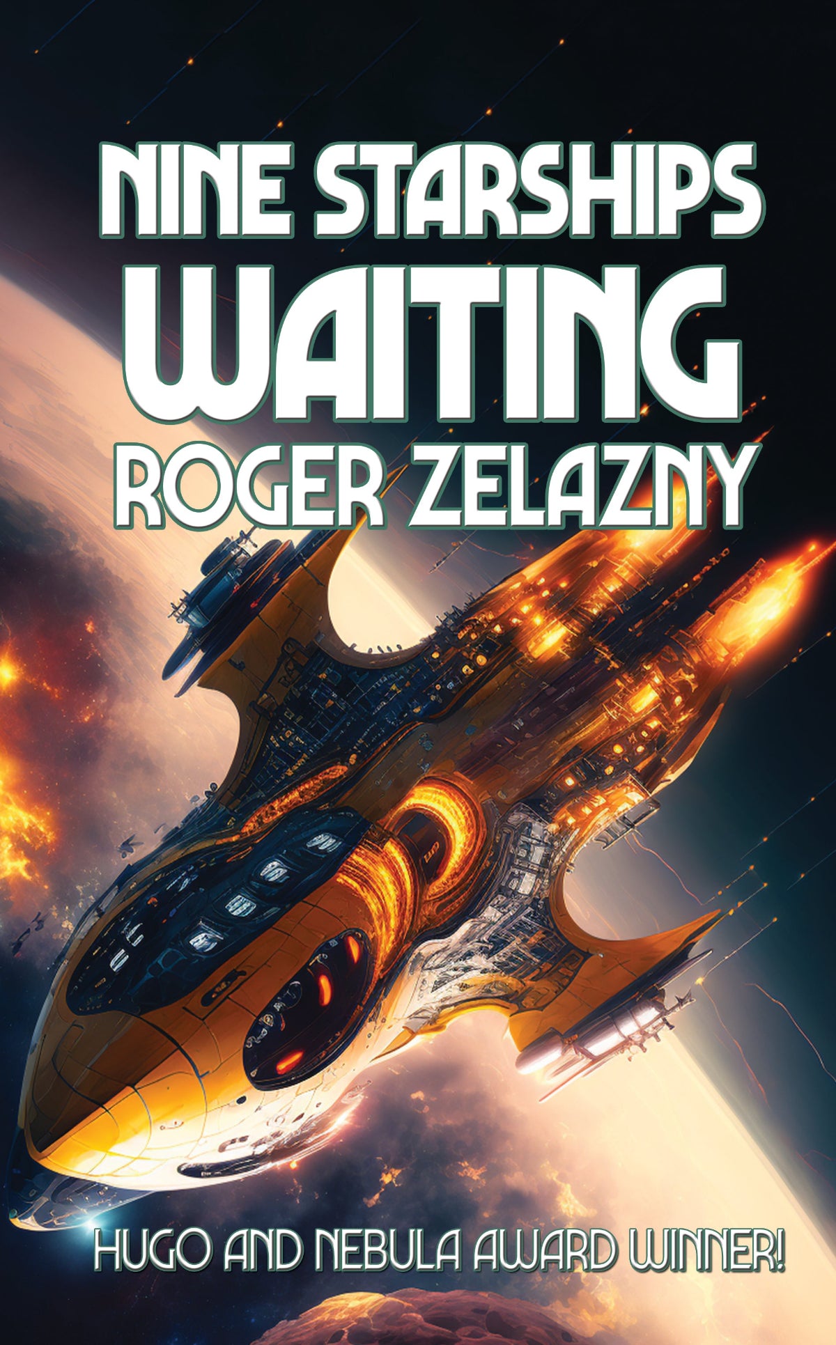 Book cover featuring an intricately detailed, luminous starship gliding amid cosmic darkness and fiery streaks above a glowing planet.