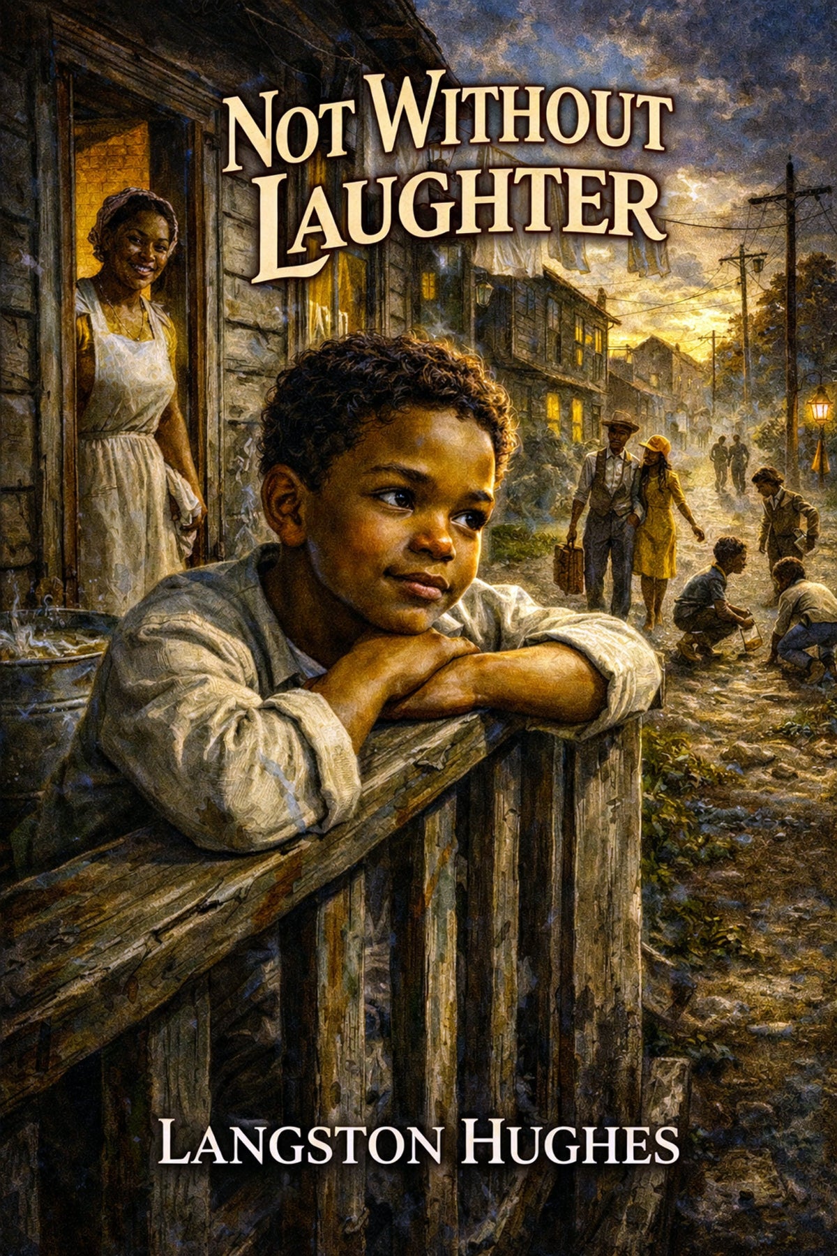 Book cover featuring an illustrated residential scene in a historic Black community in Kansas, with children playing marbles and smiling adults passing by in the background, all behind a young boy gazing up thoughtfully from a rustic wooden porch.