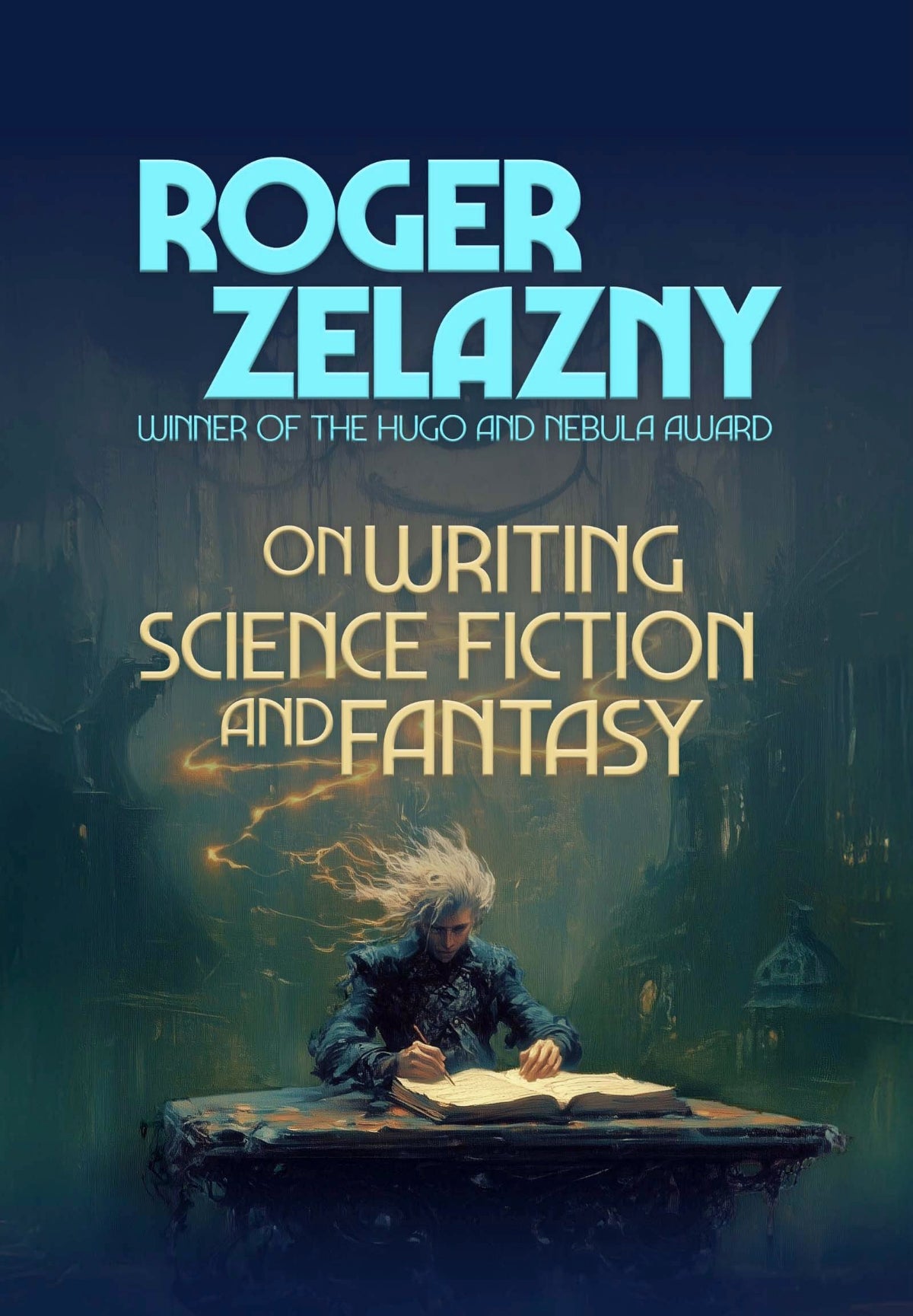 Book cover featuring a mystical, otherworldly being with flowing white hair writing in a large book atop an ornate dark table in an eerie, shadowed chamber.