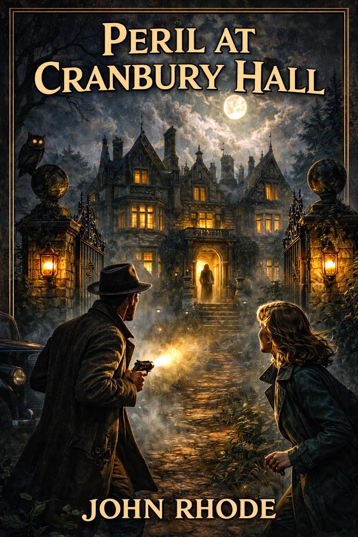 Book cover featuring an eerie night scene under a full moon, where the silhouette of a detective wearing a fedora points a pistol toward a far-off figure standing illuminated in the entrance to an unsettling gothic manor house.