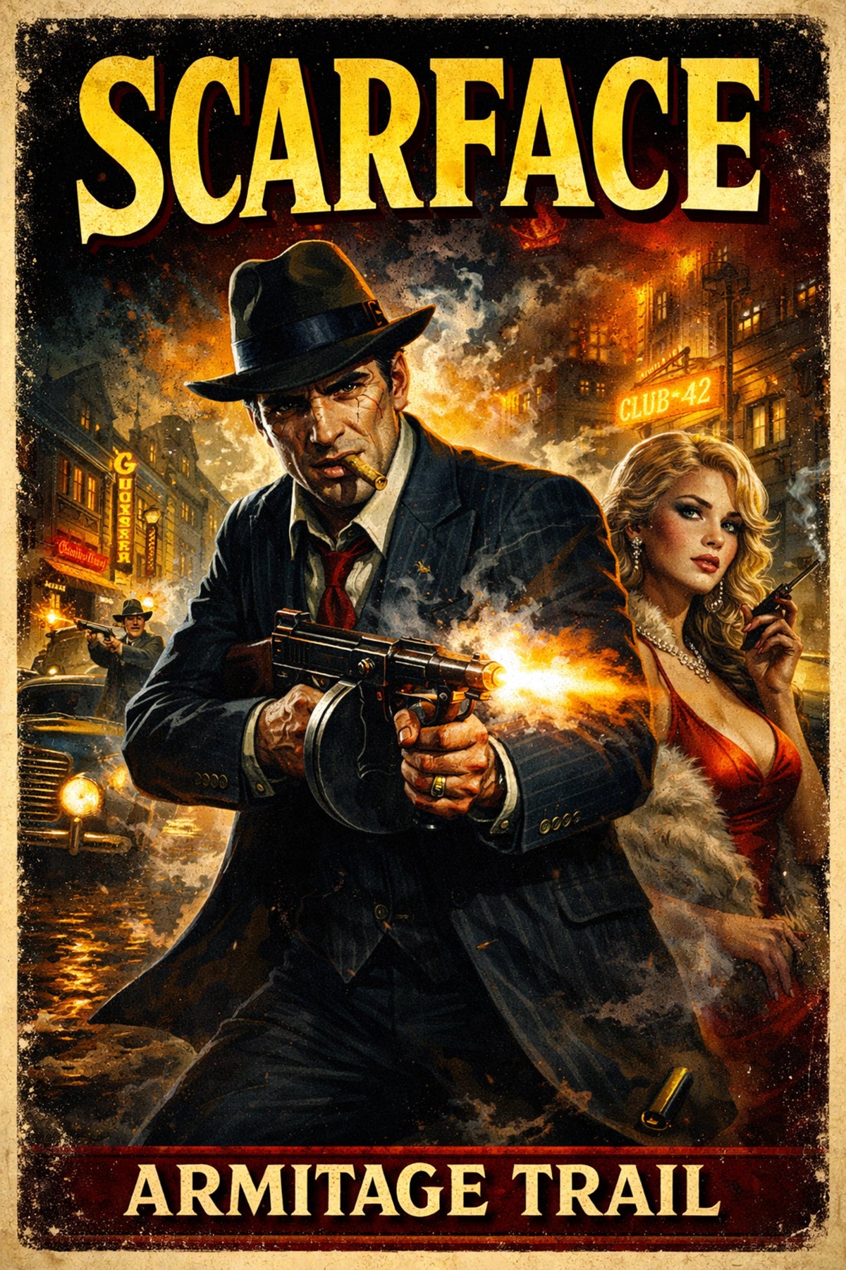 Book cover featuring a vintage movie poster-style illustration of a menacing gangster in a dark suit and fedora, standing in a Chicago street while smoking a cigar and firing a semiautomatic pistol.