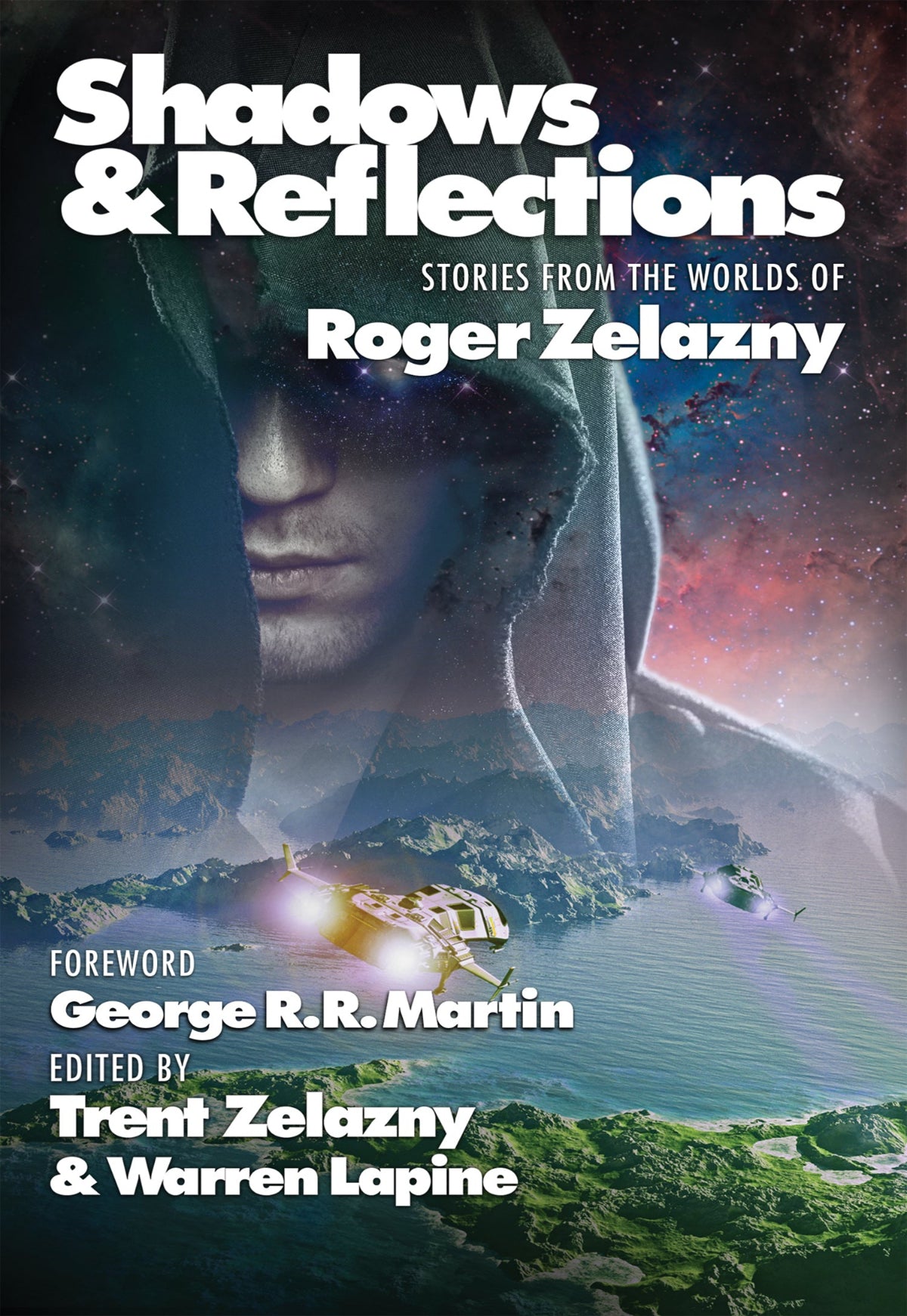 Book cover featuring an ethereal hooded figure's face emerging from cosmic shadows above an alien seascape with futuristic spacecrafts.