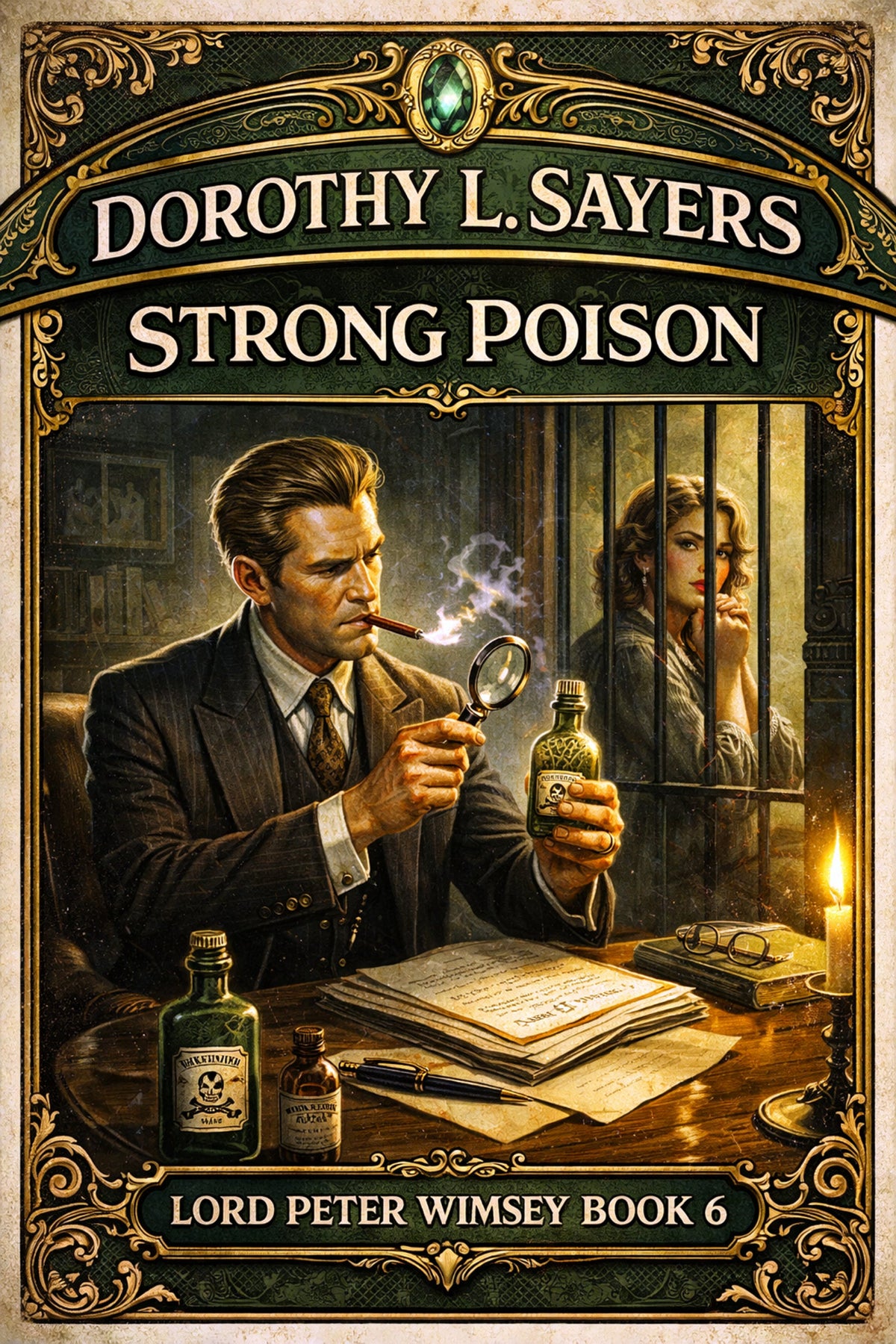 Ornate book cover depicting a vintage illustration of a gentleman detective, seated at a desk and using a magnifying glass to inspect a small glass bottle clearly labeled as poison.