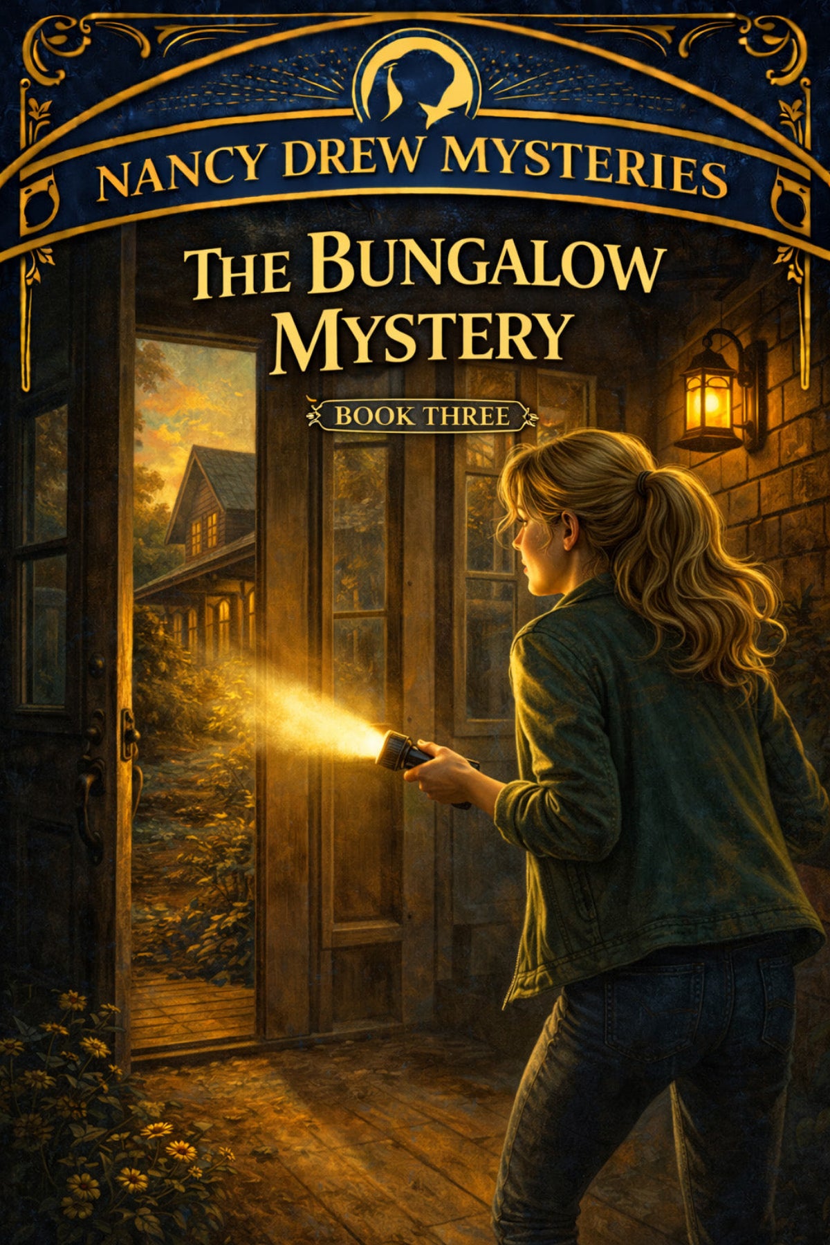 Book cover featuring a teenage girl detective shining a flashlight through the dark of night onto a rustic wooden front door, cracked ajar just enough to reveal a warmly lit interior.