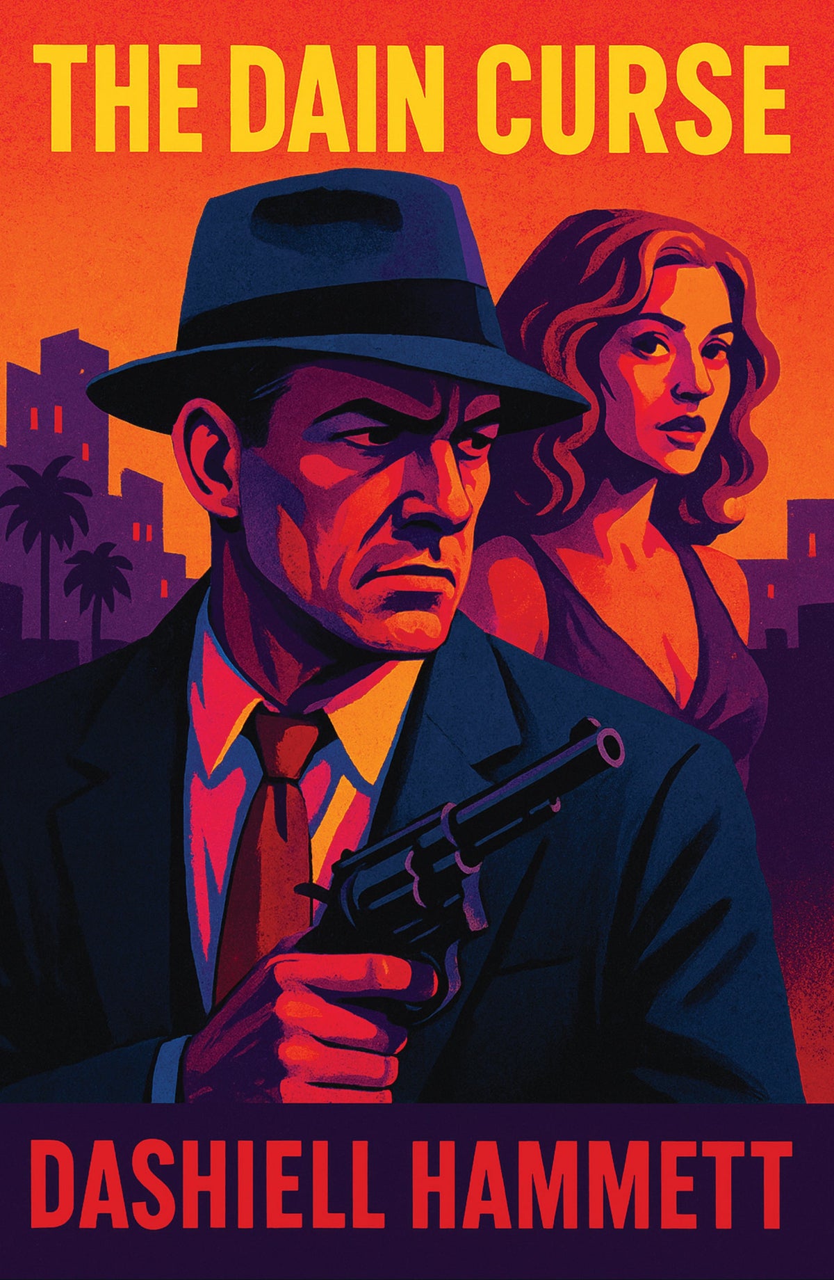 A hard-boiled detective holds up his pistol, defending a beautiful woman whose eyes hold a secret.