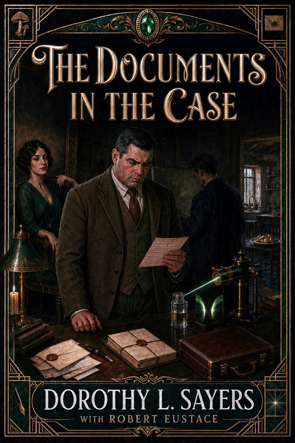 Book cover featuring a vintage illustrated scene of a man scrutinizing documents at a desk crowded with stacks of papers, scientific devices, and a leather briefcase, with a man and woman carrying out shadowy tasks in the background behind him.