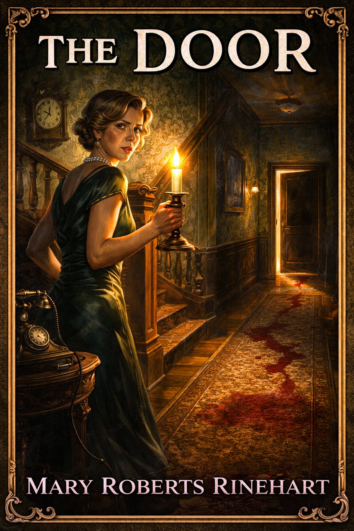 Book cover featuring an elegant woman in pearls holding a candlestick, illuminating a dark hallway where an ominous trail of blood leads into the shadows.
