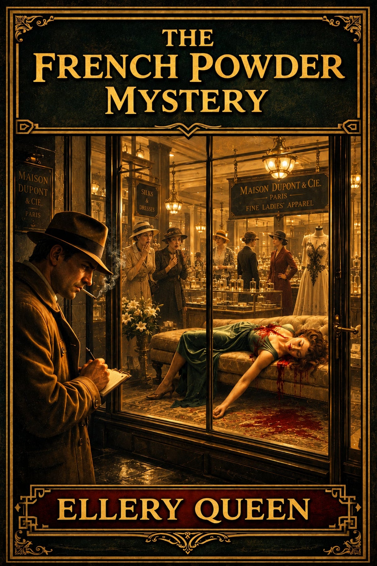 Book cover featuring a sepia-toned scene with a detective in a fedora taking notes outside of a storefront window that has become a crime scene, where a woman's body lies on a blood-stained chaise lounge.