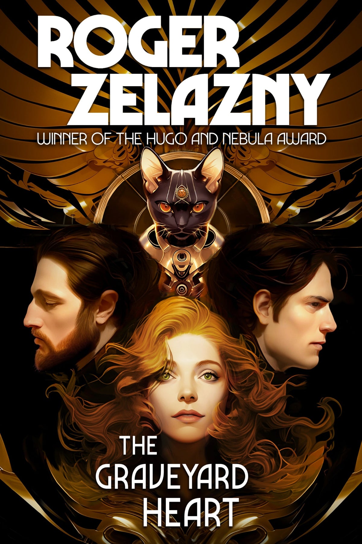 Book cover featuring a woman with red hair facing forward, standing between two men facing opposite directions (east and west), all clustered beneath a decadent golden shrine with Egyptian design influences.