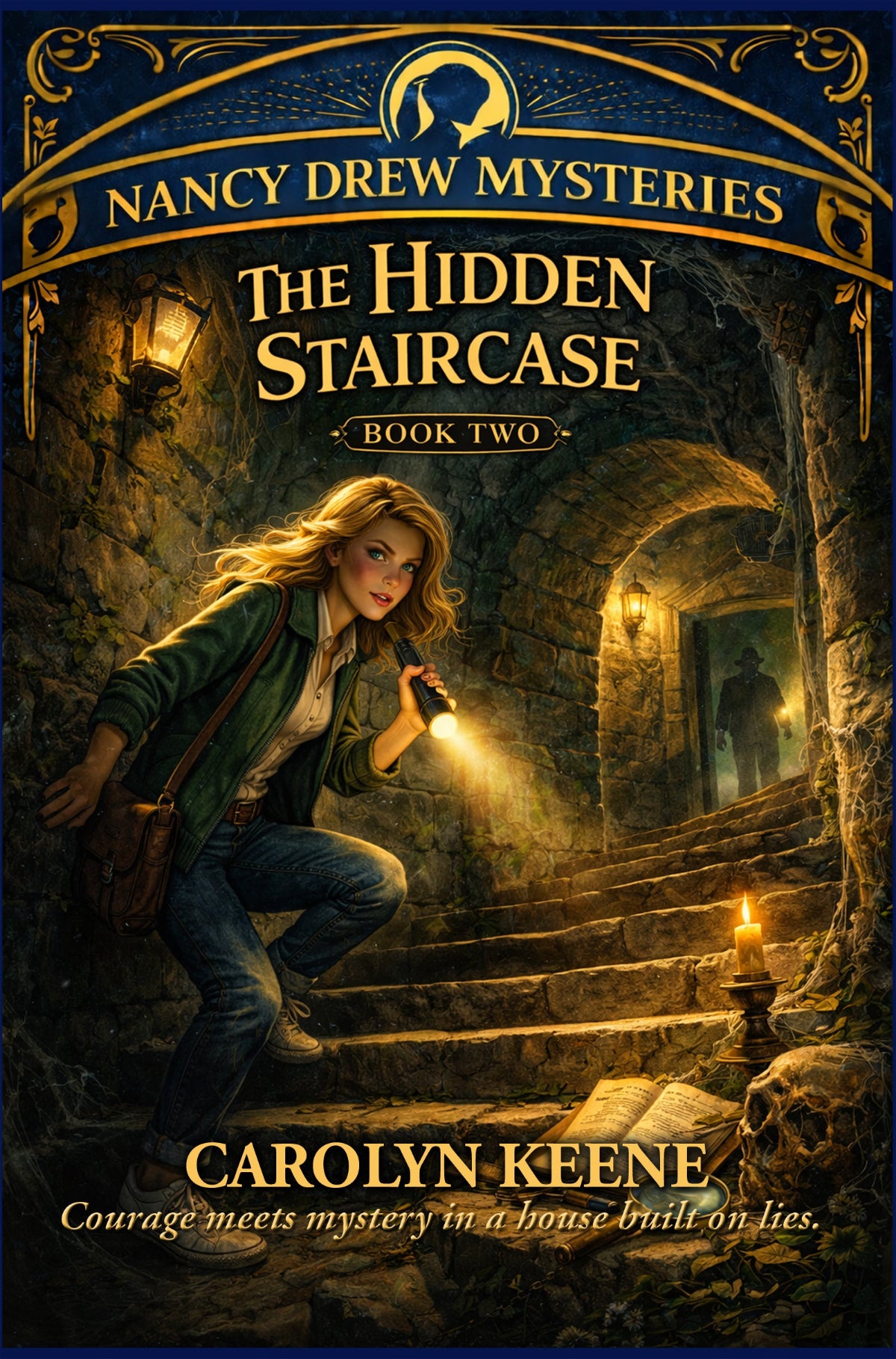 Book cover depicting a young girl detective holding a flashlight illuminating a dark, twisting stone staircase in a crypt, with a candlelit skull in the foreground.