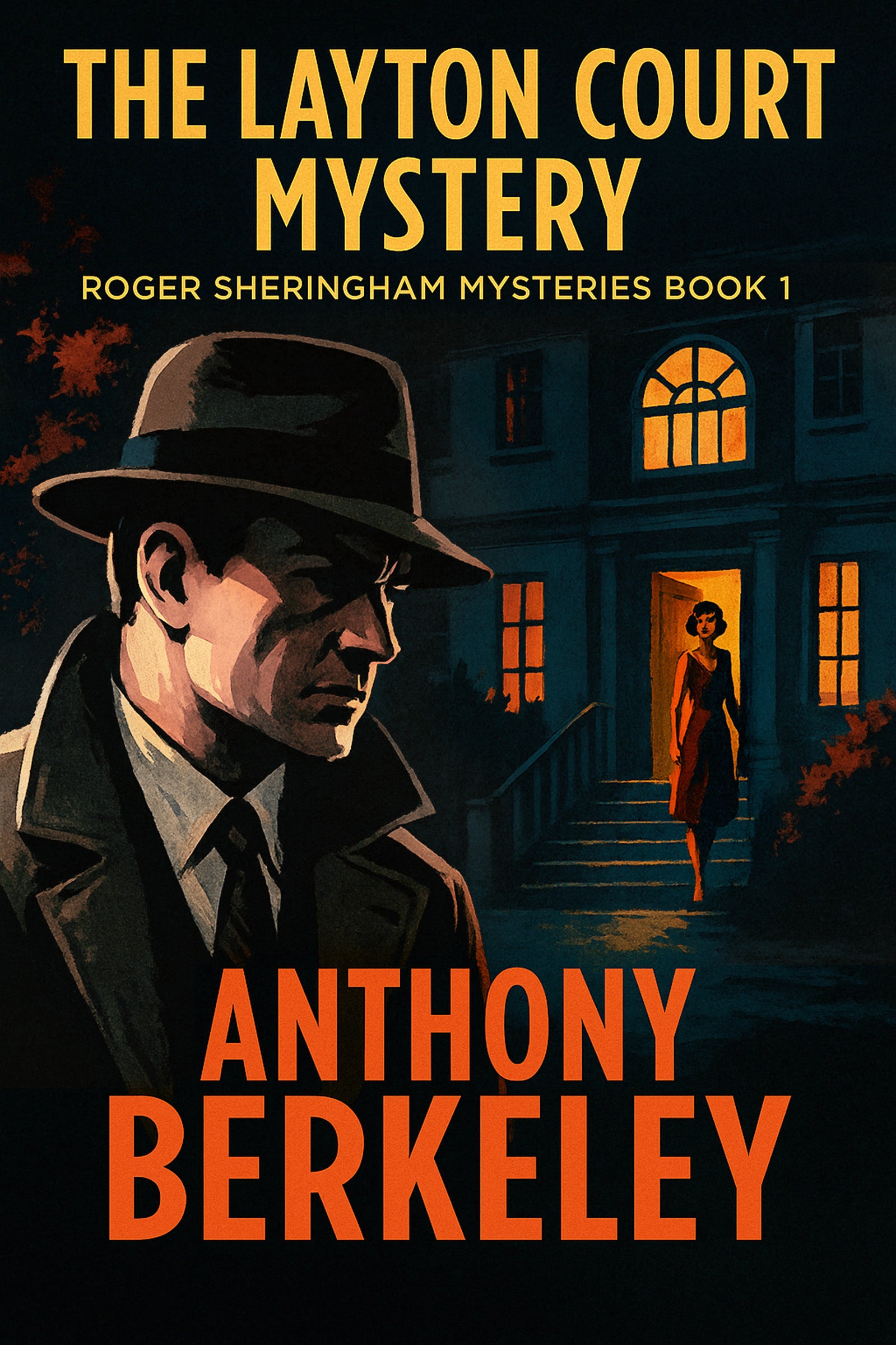 Book cover featuring a stylized illustration of a man in a fedora in the foreground and a woman standing in the doorway of a house in the background under warm yellow light.