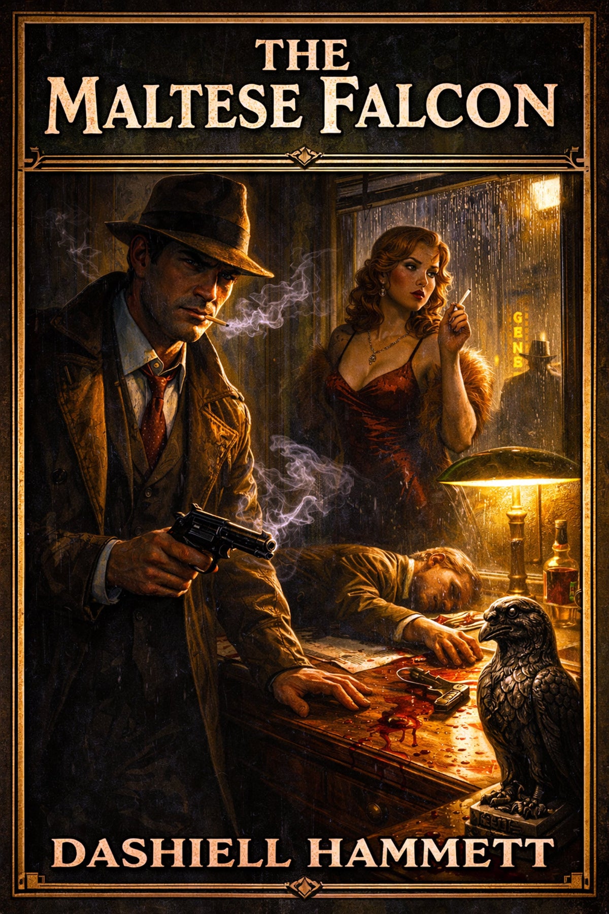 Book cover featuring a gritty private investigator in a classic fedora holding a smoking gun, his eyes locked on a small statue of a falcon that sits on an ornate desk where a pallid man lies unconscious.