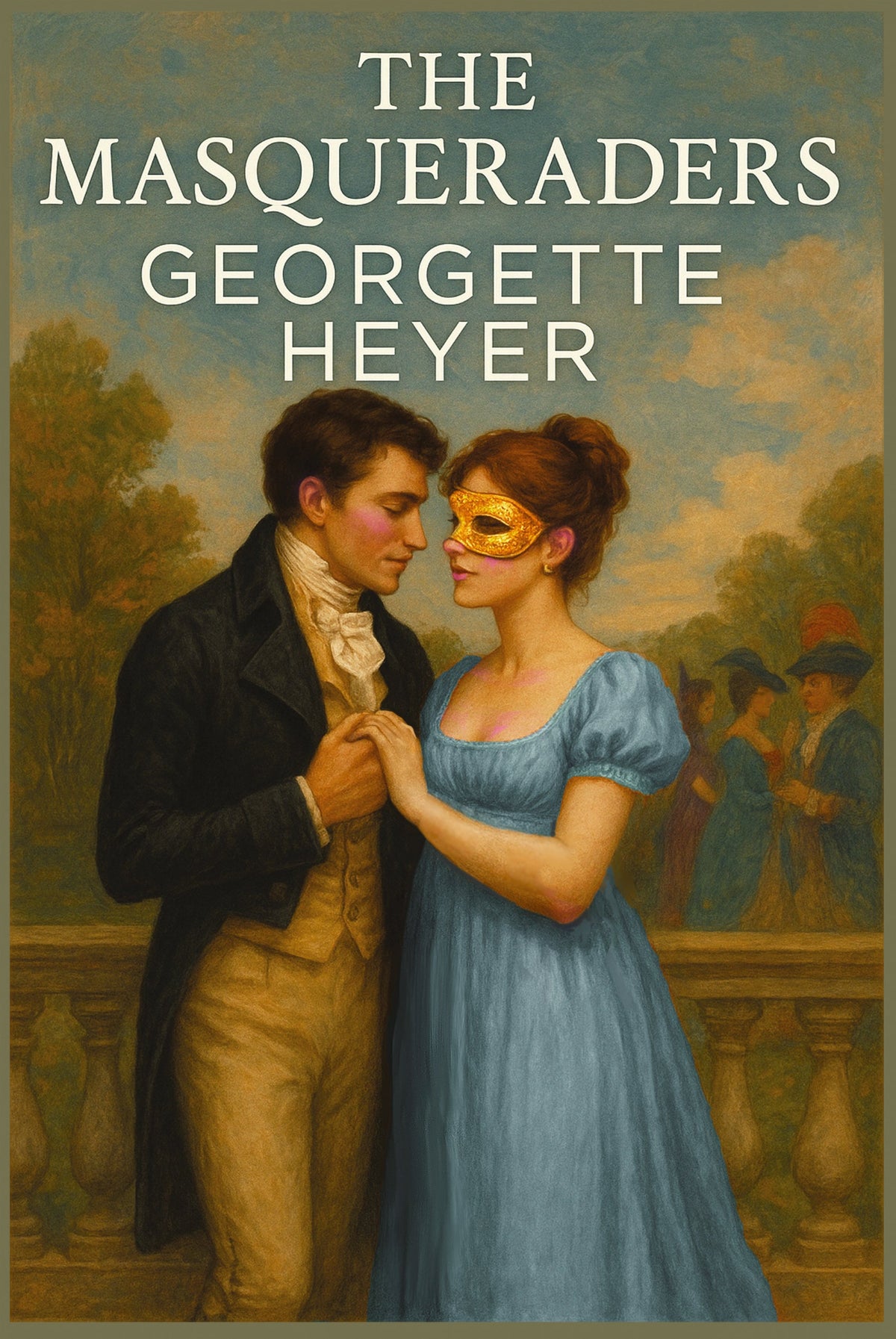 A pair in Regency garb hold each other close, standing on a balcony with onlookers gossiping in the garden nearby.