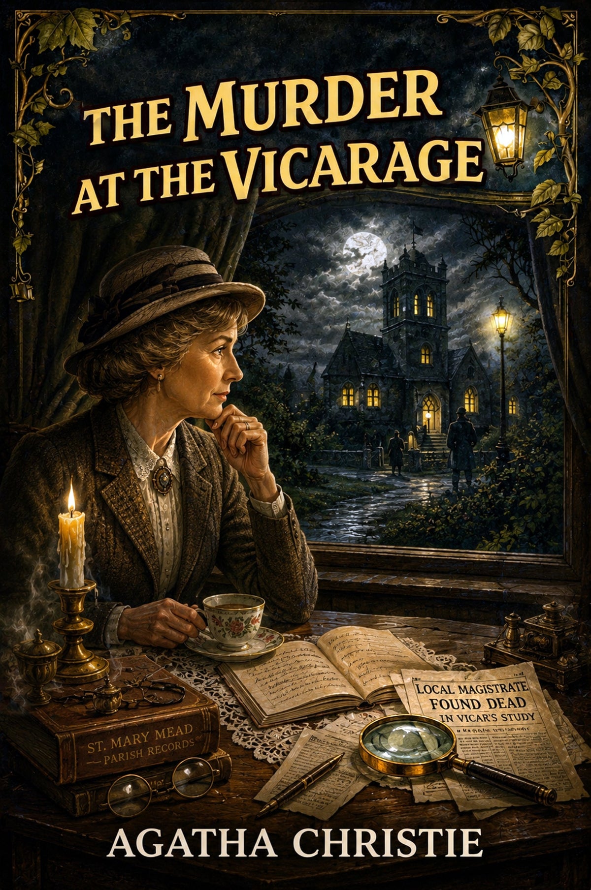 Book cover featuring an atmospheric, candlelit scene with a female detective sitting at an ornate writing desk, many scraps of paper and clues spread out before her.